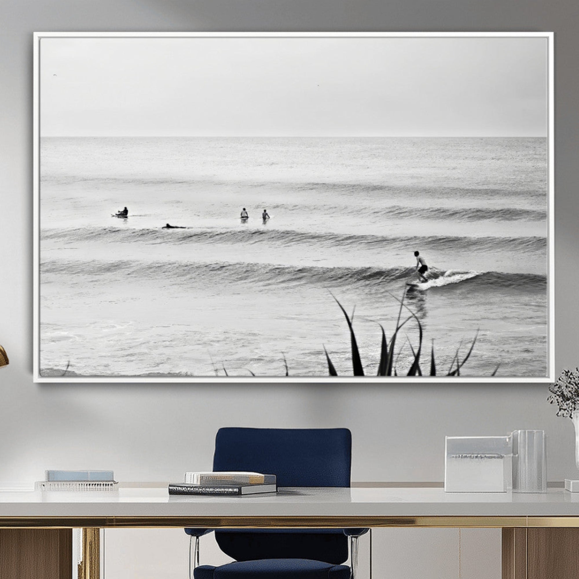 33821421-MGV-CV-36X24-Surfer Silhouette Wall Art Canvas Print, Framed Calm Ocean Artwork, Monochrome Surf Scene Decor for Home, Office