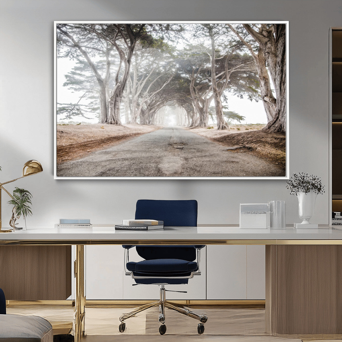 87090469-MGV-CV-36X24-Cypress Tunnel Wall Art – Framed Misty Road Canvas Artwork, Foggy Trees Design, Rustic Woodland Nature Decor for Home, Office