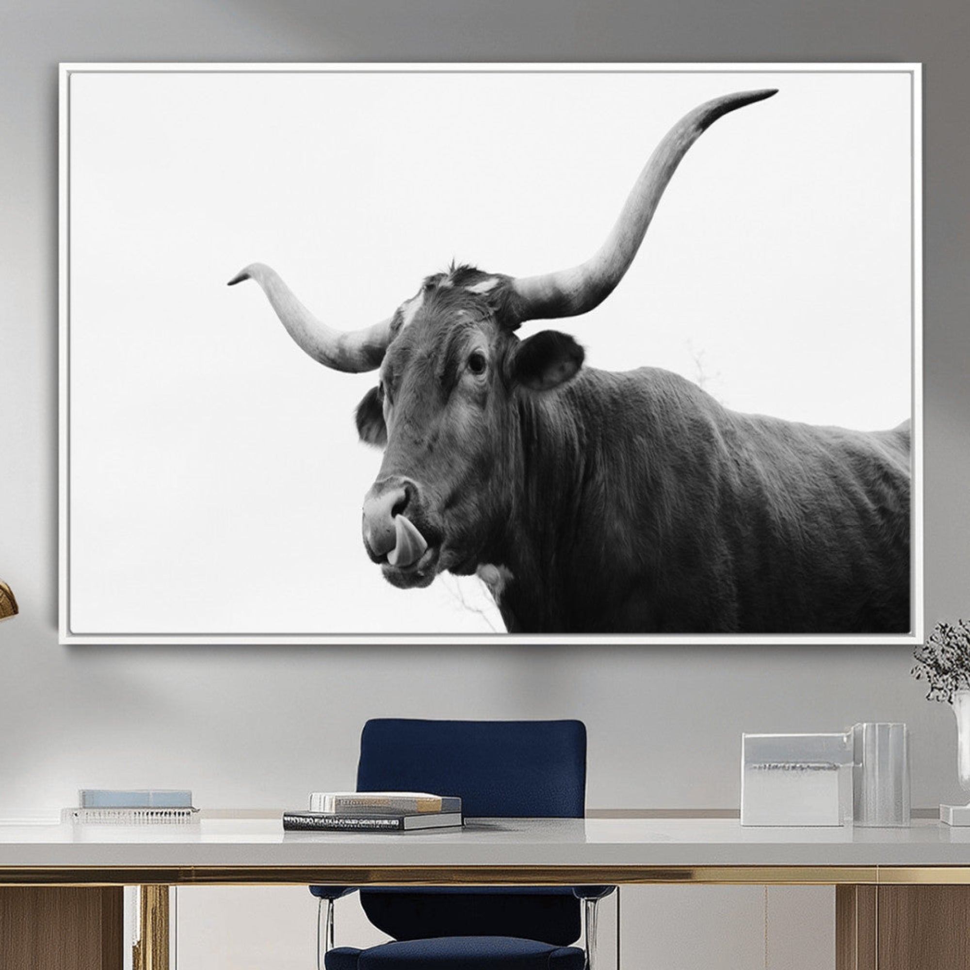 Black and white photo of a Texas Longhorn cow with curved horns, ideal for rustic, western or minimalist style home decor.