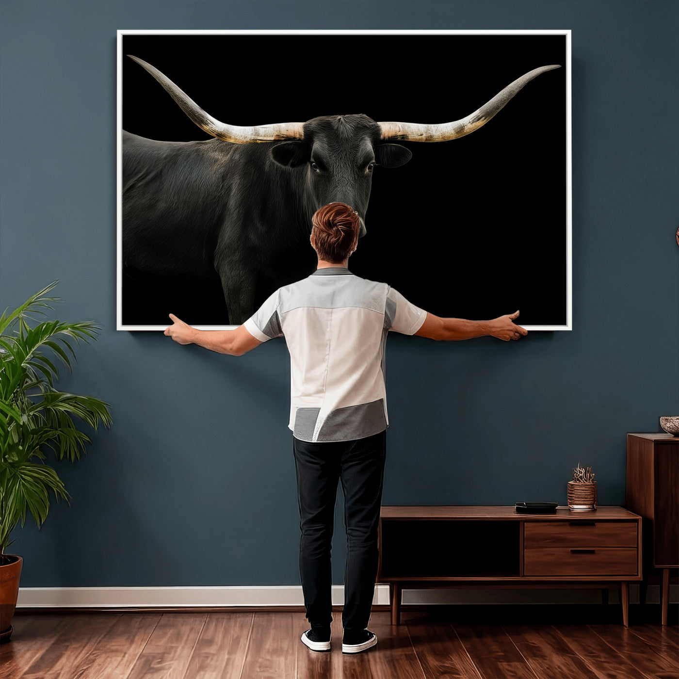99448328-MGV-CV-36X24 - Longhorn Cattle Wall Art Canvas Print, Framed Texas Black Bull Art Picture Print, Western Cow Perfect Farmhouse Decor Artwork