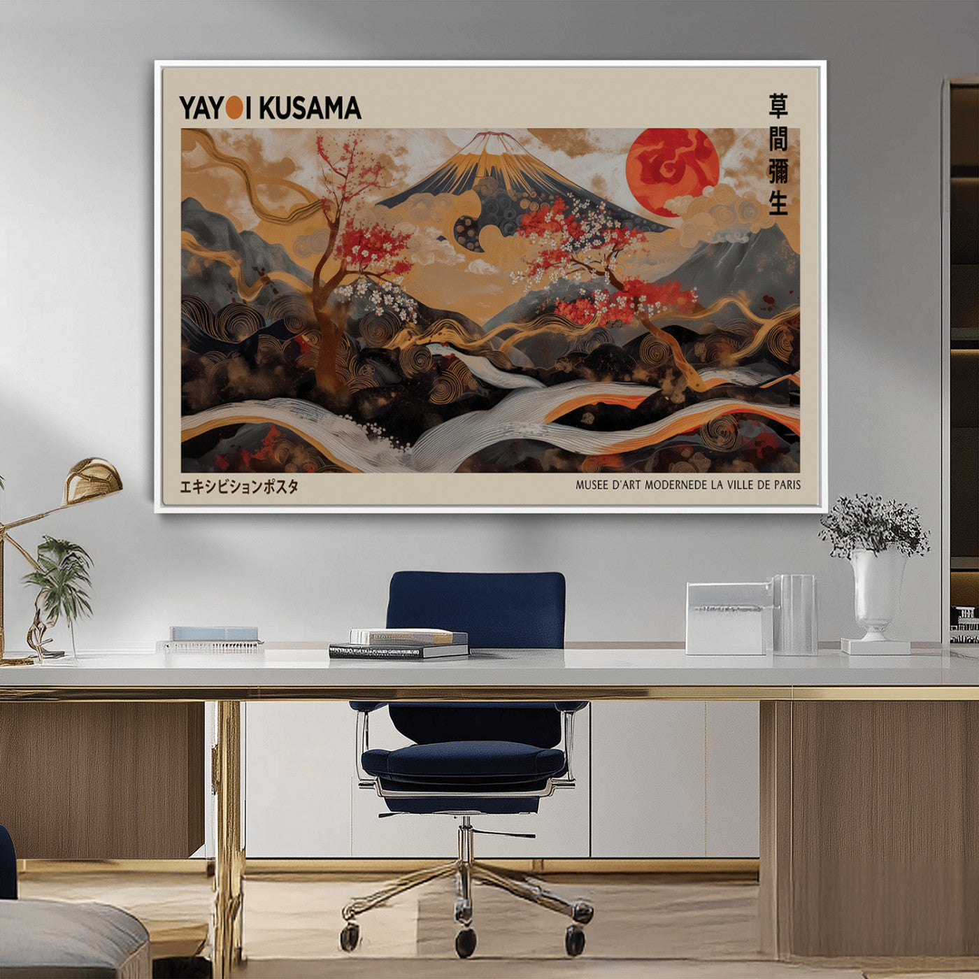 77970791-MGV-CV-36X24-Modern Japanese Wall Art Canvas Print – Framed Abstract Mount Fuji Scene with Yayoi Kusama Artwork for Home, Office