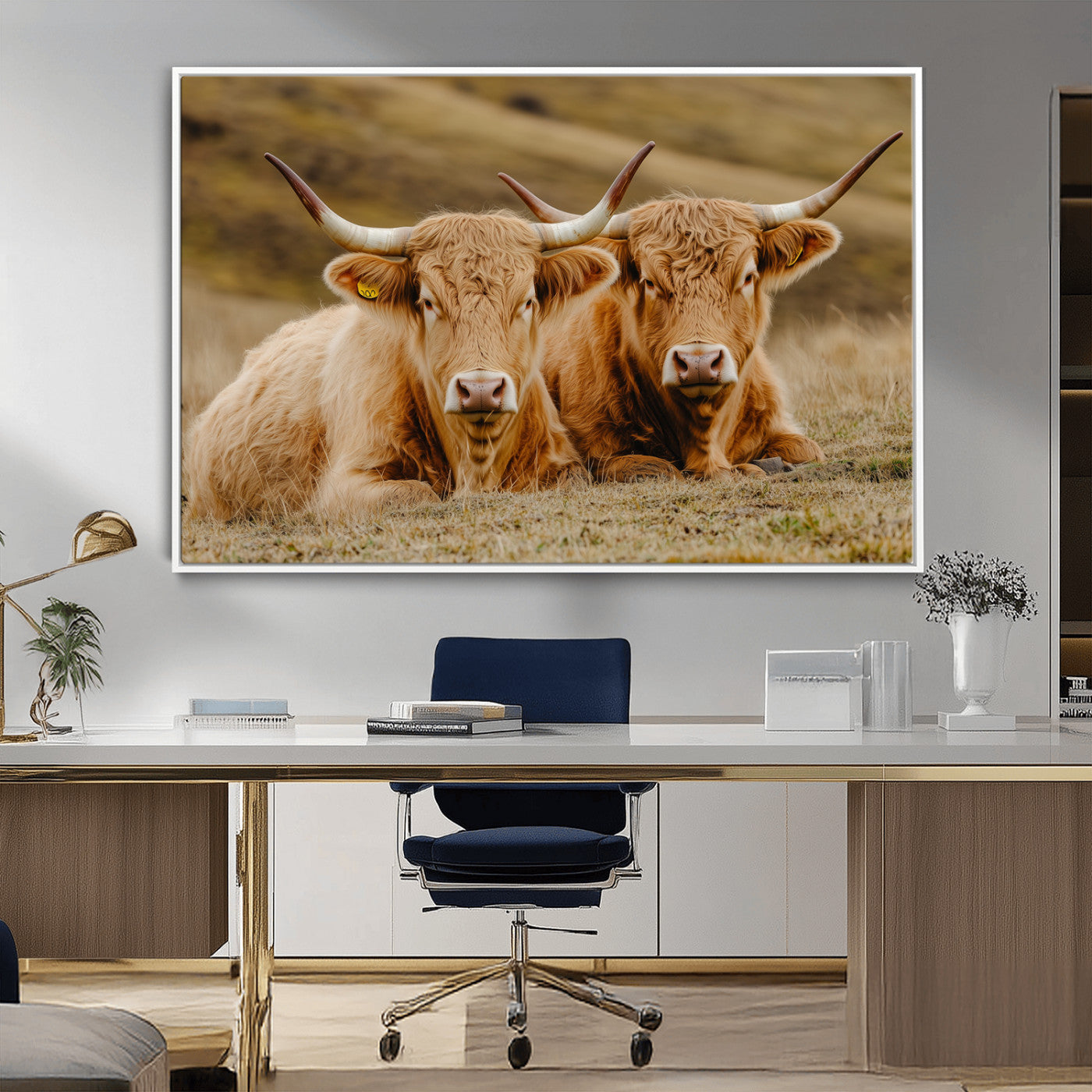 Two Highland cows resting on a golden field with soft focus hills, ideal for rustic farmhouse or cozy cabin style decor.
