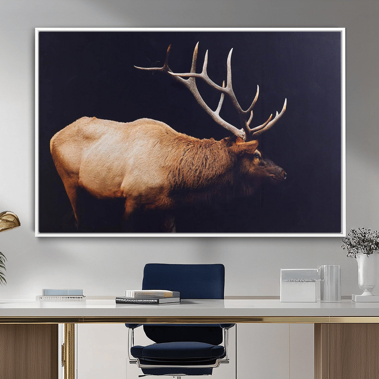 89239257-MGV-FC-36X24 - Rustic Elk Wall Art Canvas Print – Framed Moody Wildlife Art Picture Western Animal Artwork for Home, Office