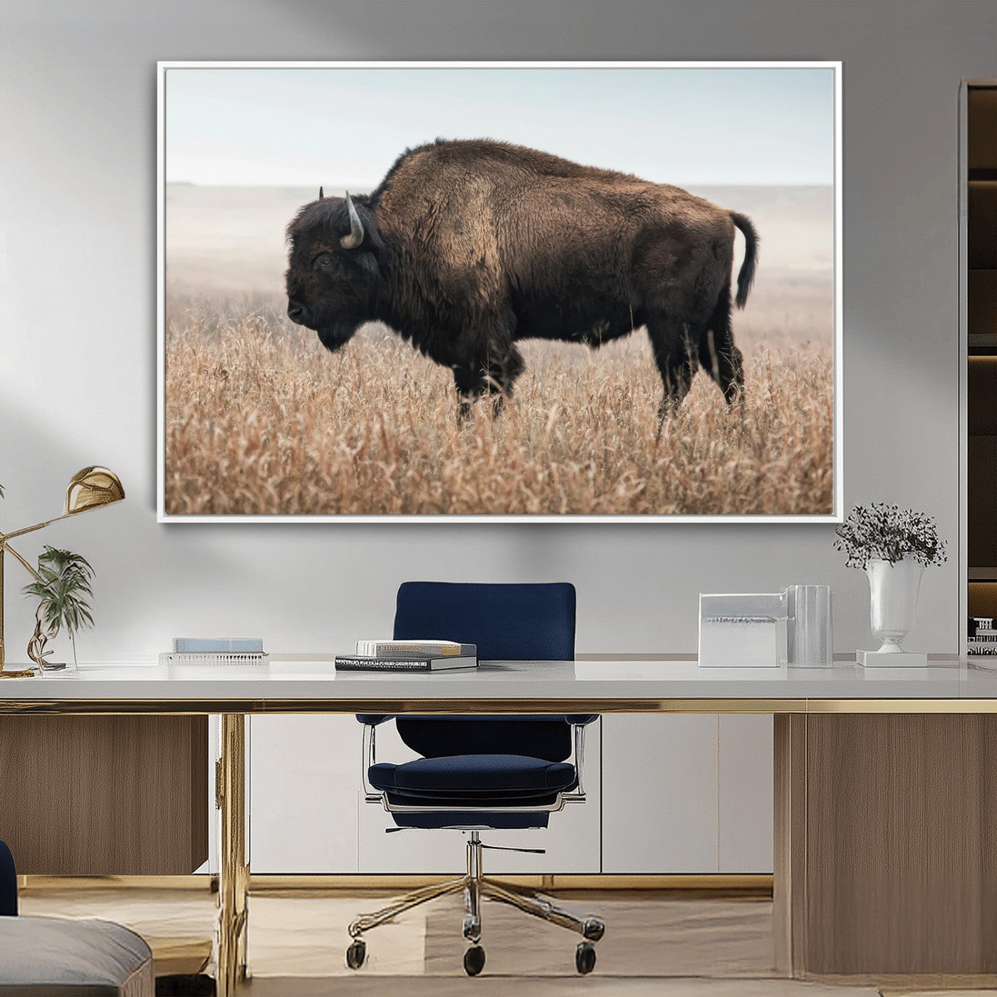 A lone bison stands in a vast prairie under a soft sky, evoking freedom and rustic charm for western or farmhouse inspired interiors.