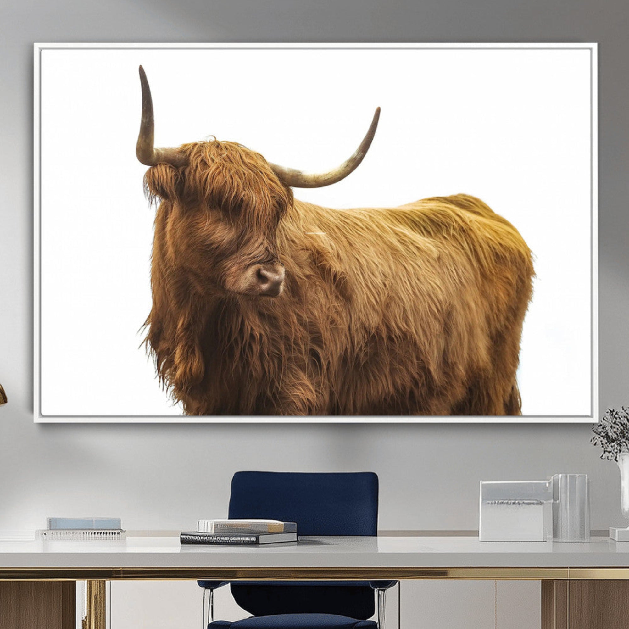 A highland cow with long horns and shaggy fur standing calmly, isolated on white background, ideal for rustic or farmhouse wall decor.