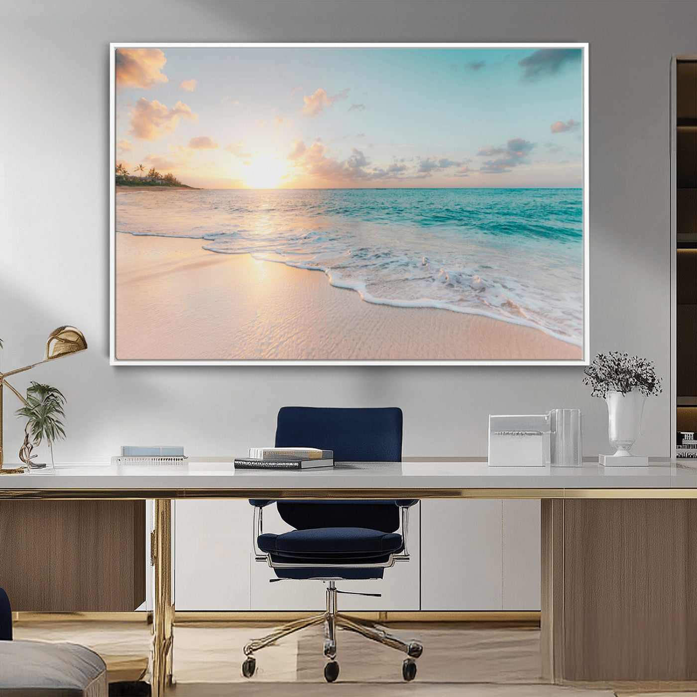Golden sunset over a tropical beach with gentle ocean waves and soft white sand, creating a peaceful and relaxing coastal scene.