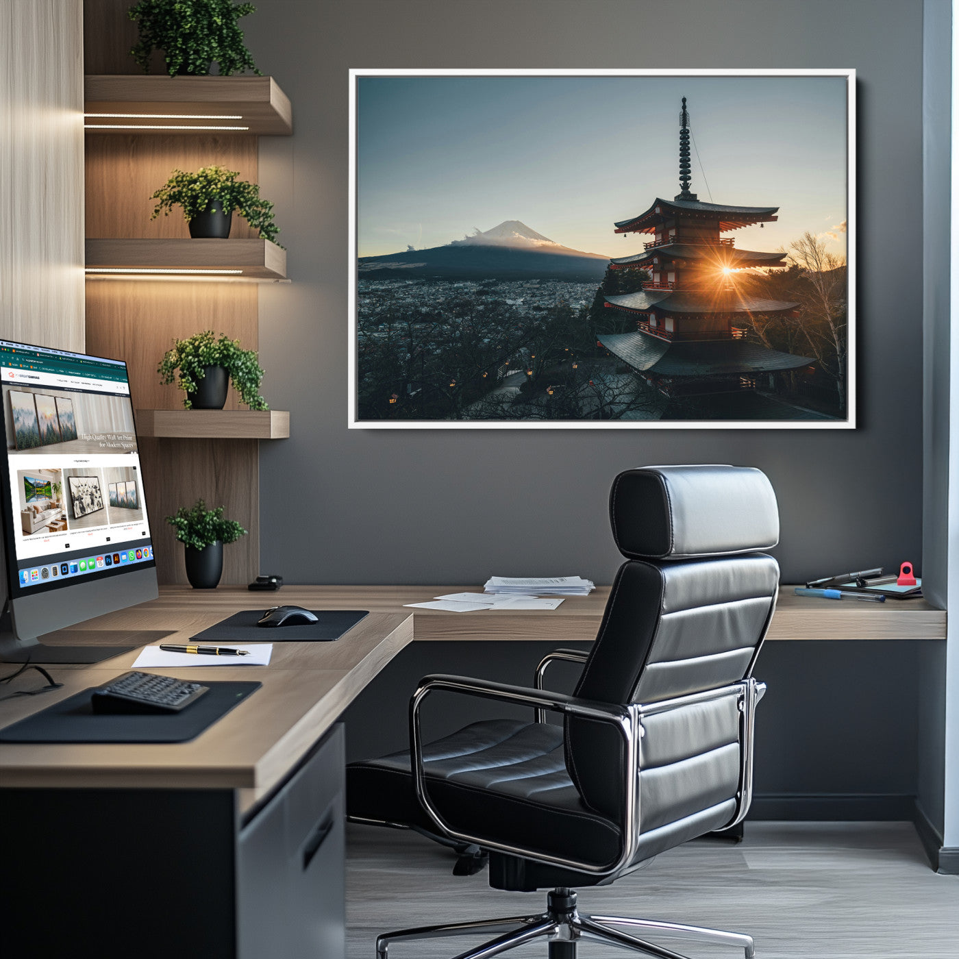 -Mount Fuji Wall Art Canvas Print Framed Japan Travel Art Chureito Pagoda Print Zen Scene for Home, Office Decor