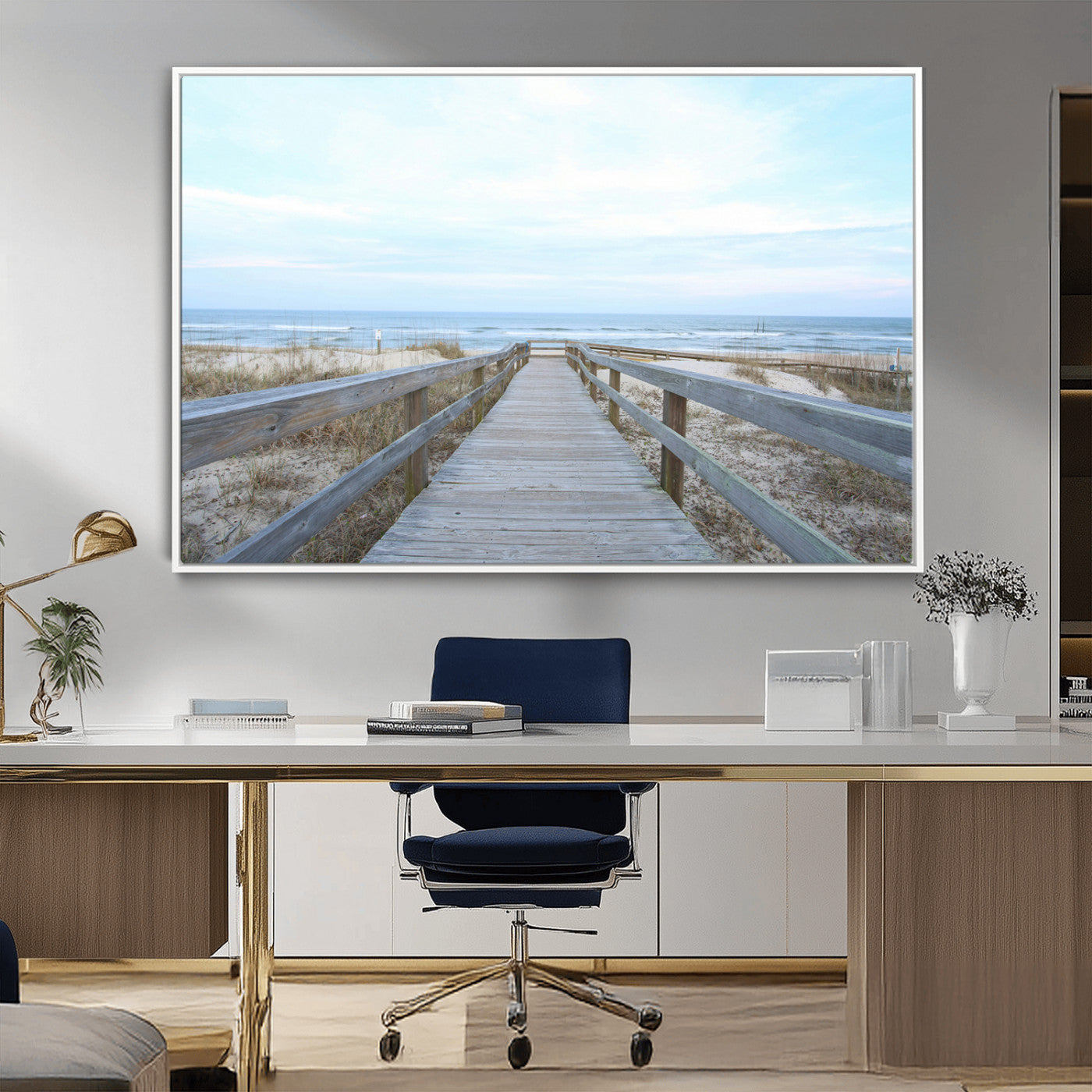 31602988-MGV-CV-36X24-Beach Boardwalk Wall Art Canvas Print – Framed Coastal Serenity Ocean View Nature Scene Artwork for Home Office