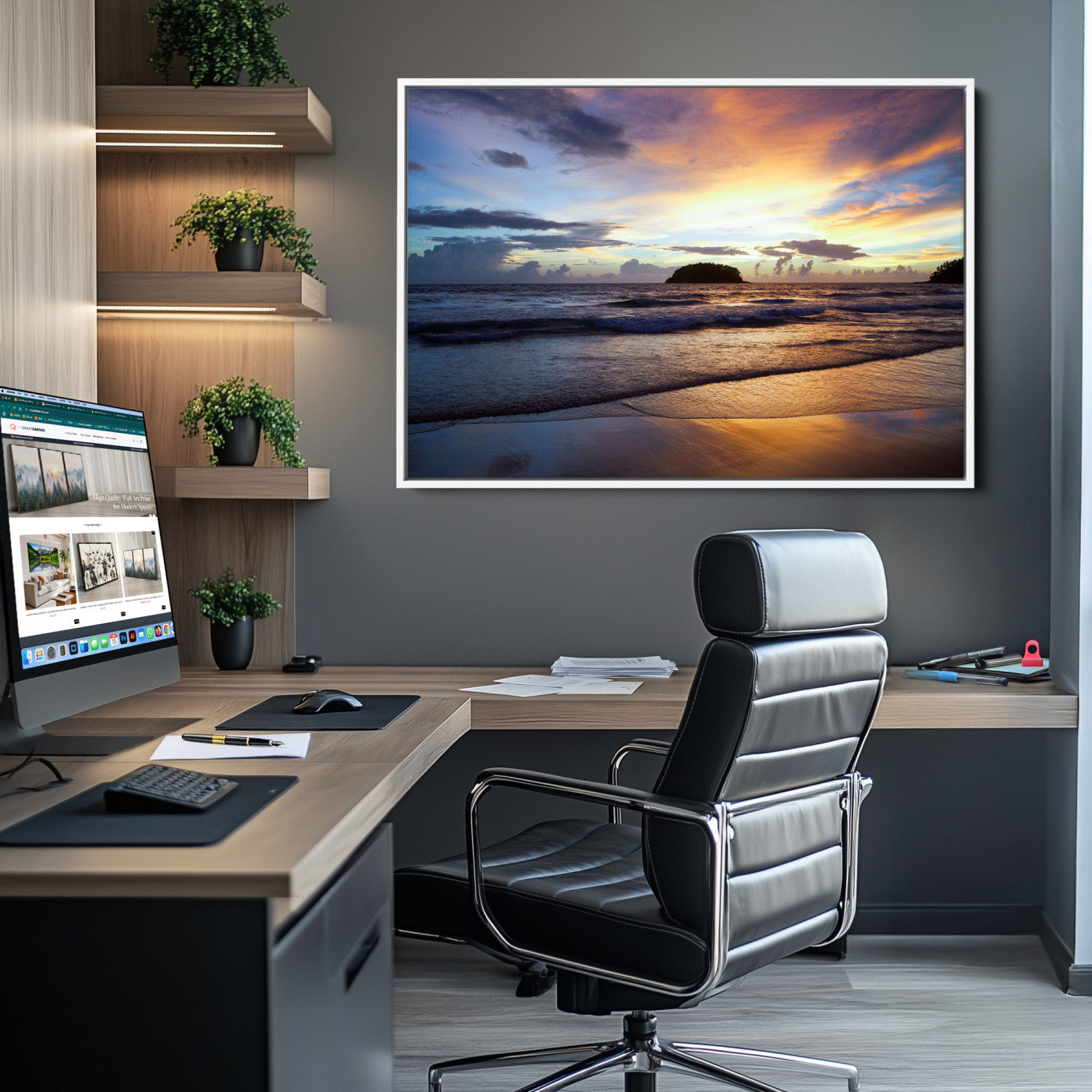 36714356-MGV-CV-36X24-Beach Sunset Wall Art Canvas Print – Tropical Ocean Waves Golden Sky Serene Seascape Nature Artwork for Home Office