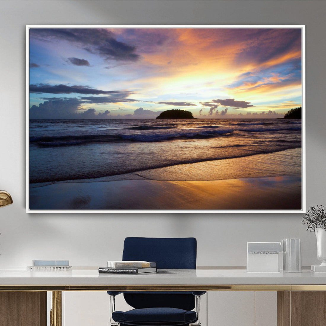 Beach Sunset Wall Art Canvas Print, Framed Ocean Waves Tropical Seascape