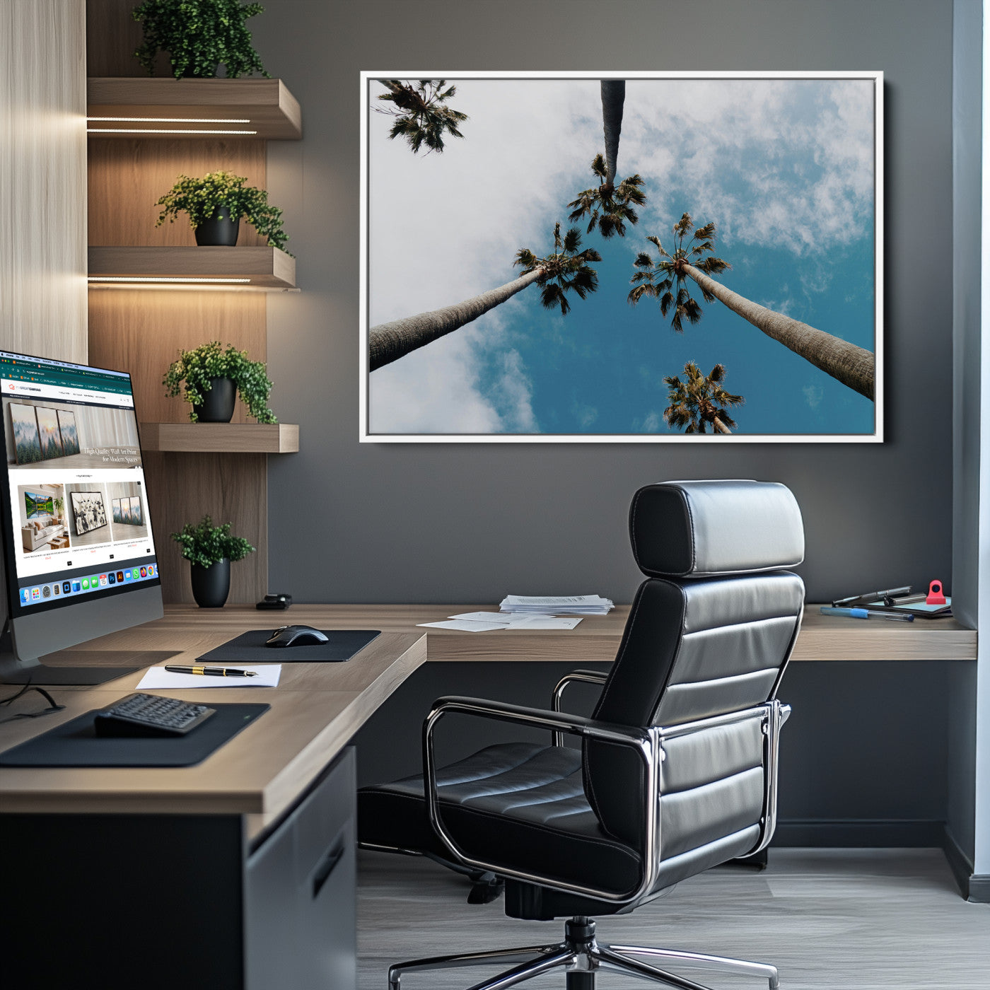 45236398-MGV-CV-36X24-Tropical Palm Trees Wall Art Canvas Print – Framed California Sky Minimalist Nature Scene Artwork for Home Office