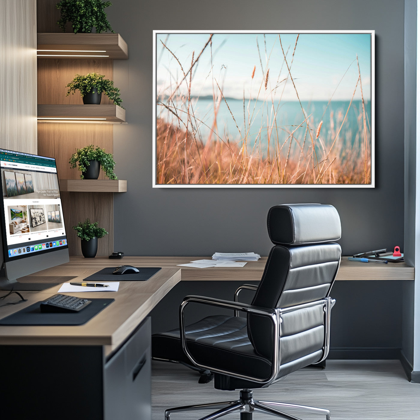 36108696-MGV-CV-36X24-Coastal Grass Landscape Wall Art Canvas Print – Golden Shoreline Nature Scene Serene Ocean View Artwork for Home Office