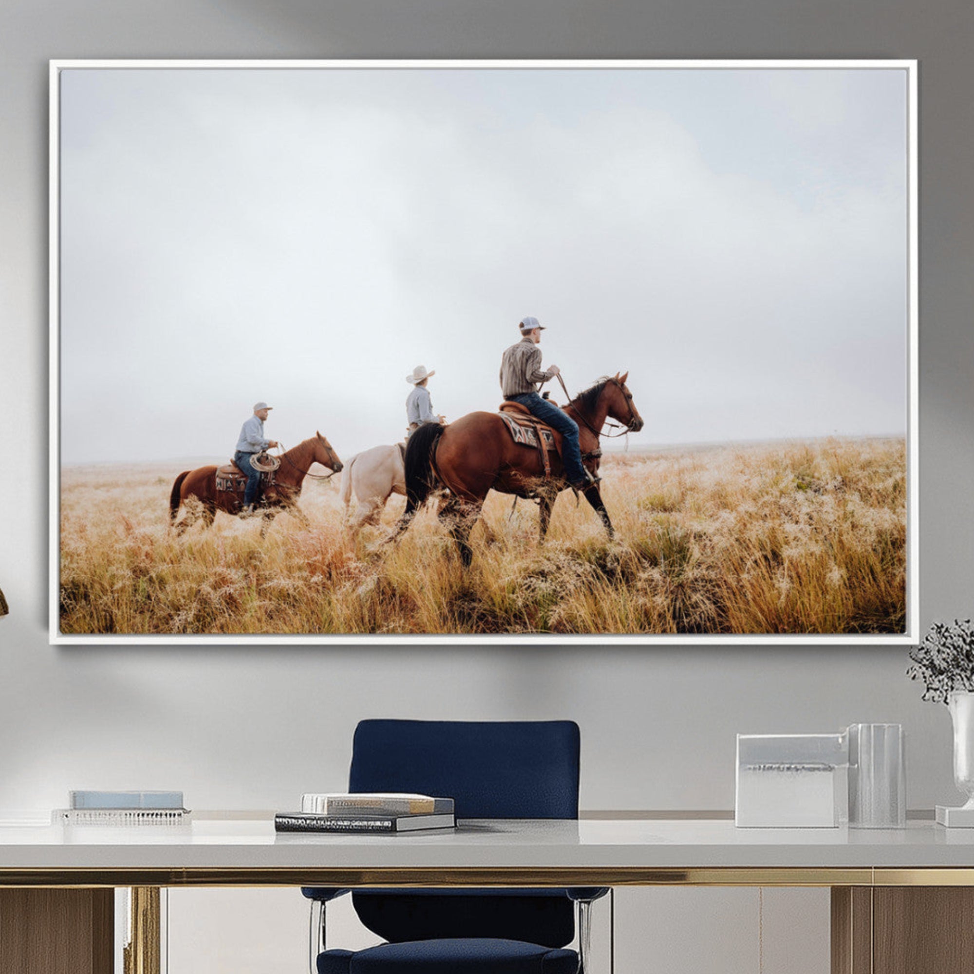 Three cowboys riding horses through a foggy prairie landscape, dressed in Western attire, evoking a rustic and adventurous Wild West aesthetic.