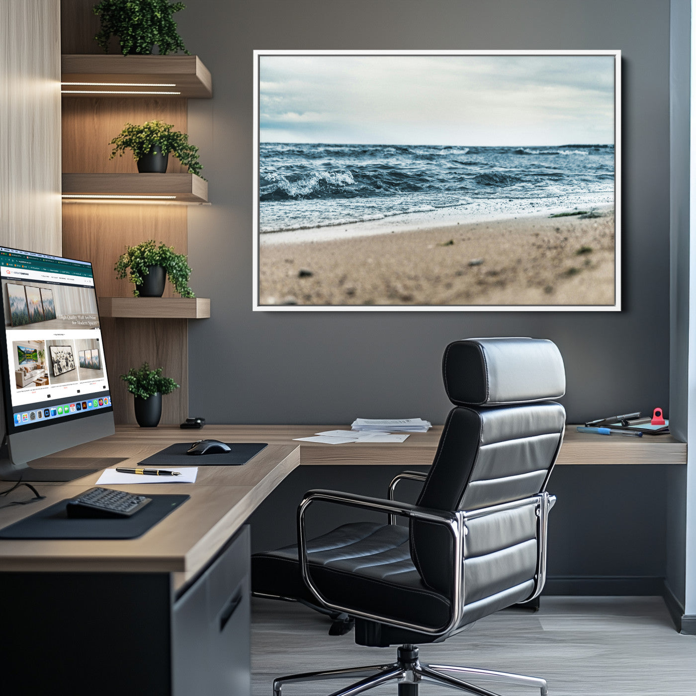 81812590-MGV-CV-36X24-Ocean Wall Art Canvas Print – Moody Coastal Seascape Scene Framed Beach Waves Nature Artwork for Home Office