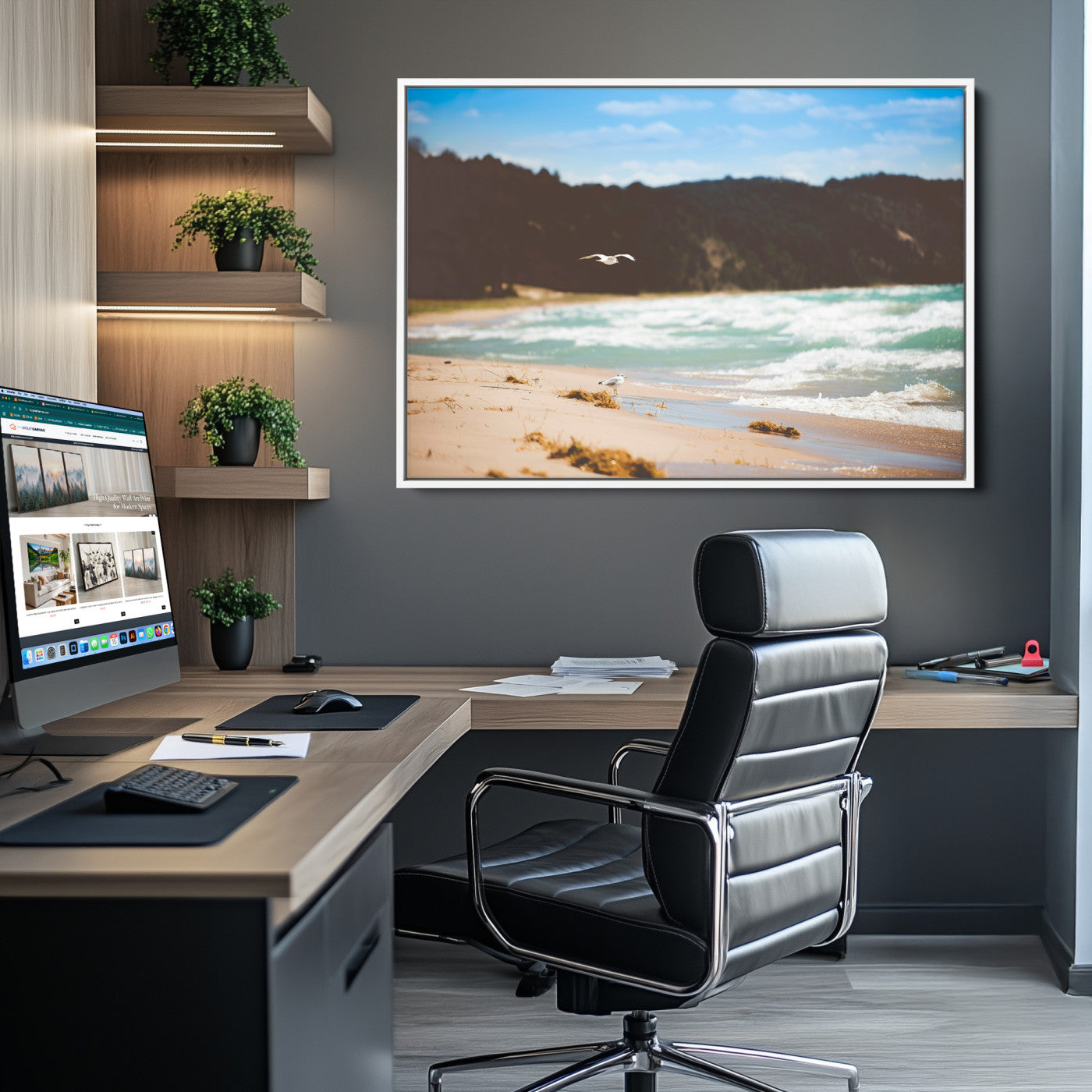 -Tranquil Beach Scene Wall Art Canvas Print – Framed Blue Ocean Waves Sandy Shore Coastal Nature Artwork for Home Office