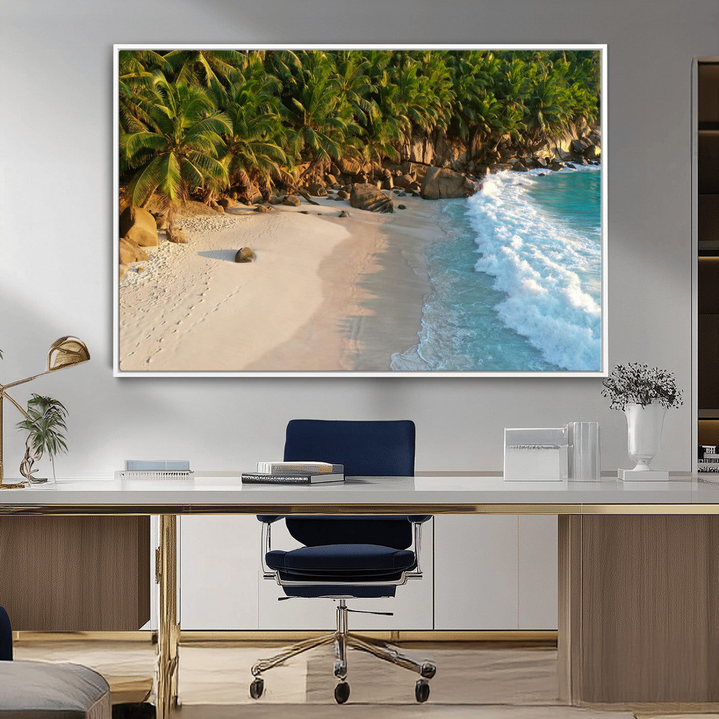 Tropical beach with golden sand, turquoise ocean waves, and lush palm trees, creating a serene coastal paradise for beach-themed decor.