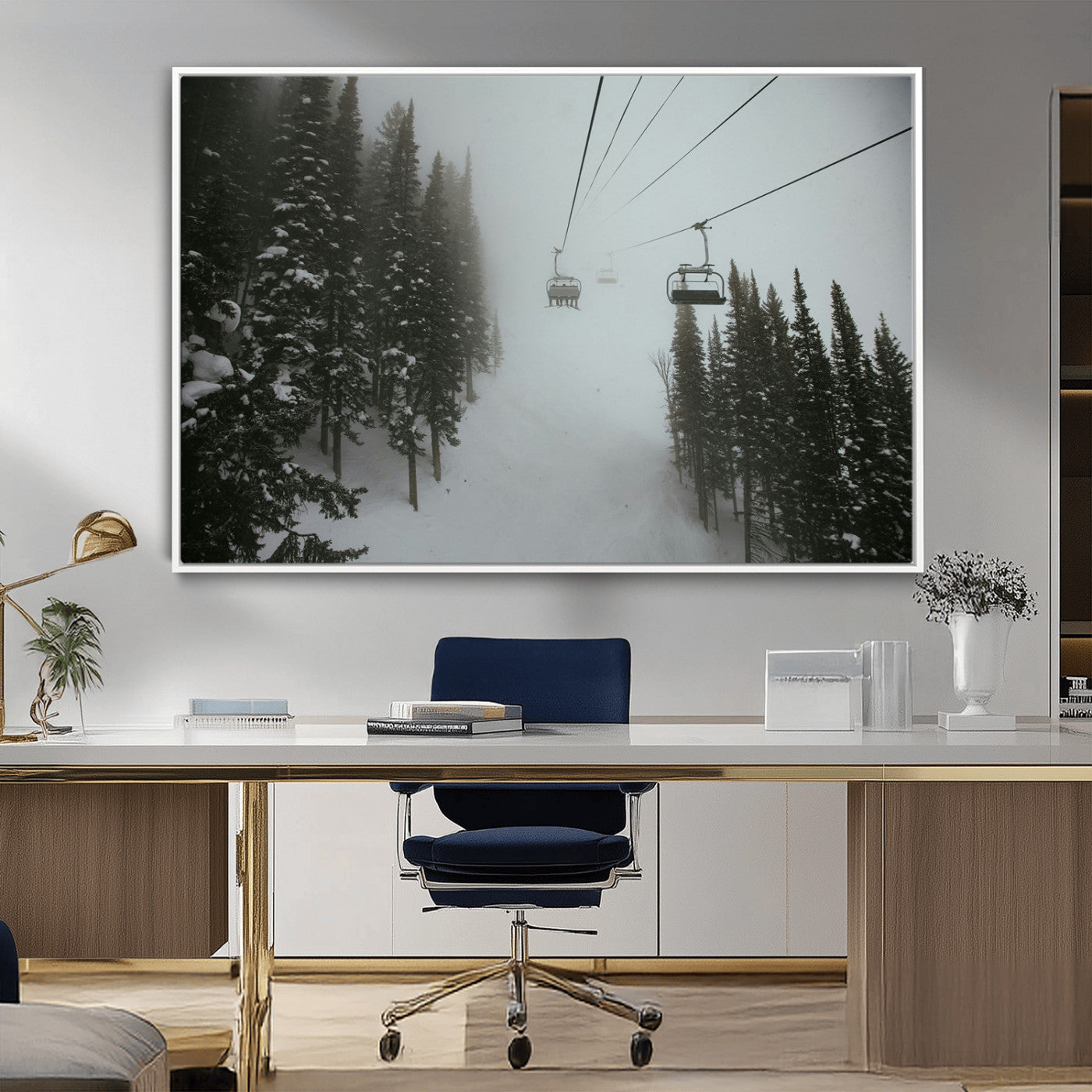 87018452-MGV-CV-36X24-Ski Lift Wall Art Canvas Print – Snowy Pines Misty Landscape Winter Serenity Artwork for Home, Office Decor