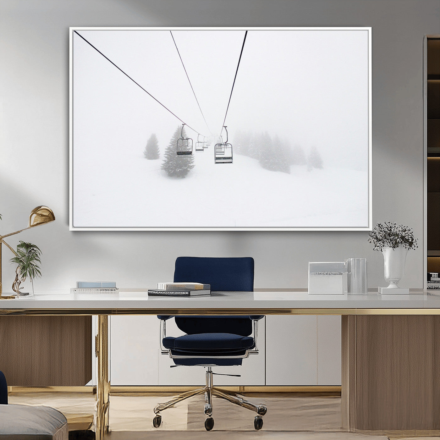 -Ski Lift Wall Art Canvas Print – Snowy Alpine Landscape Nordic Adventure Winter Mountains Artwork for Home, Office