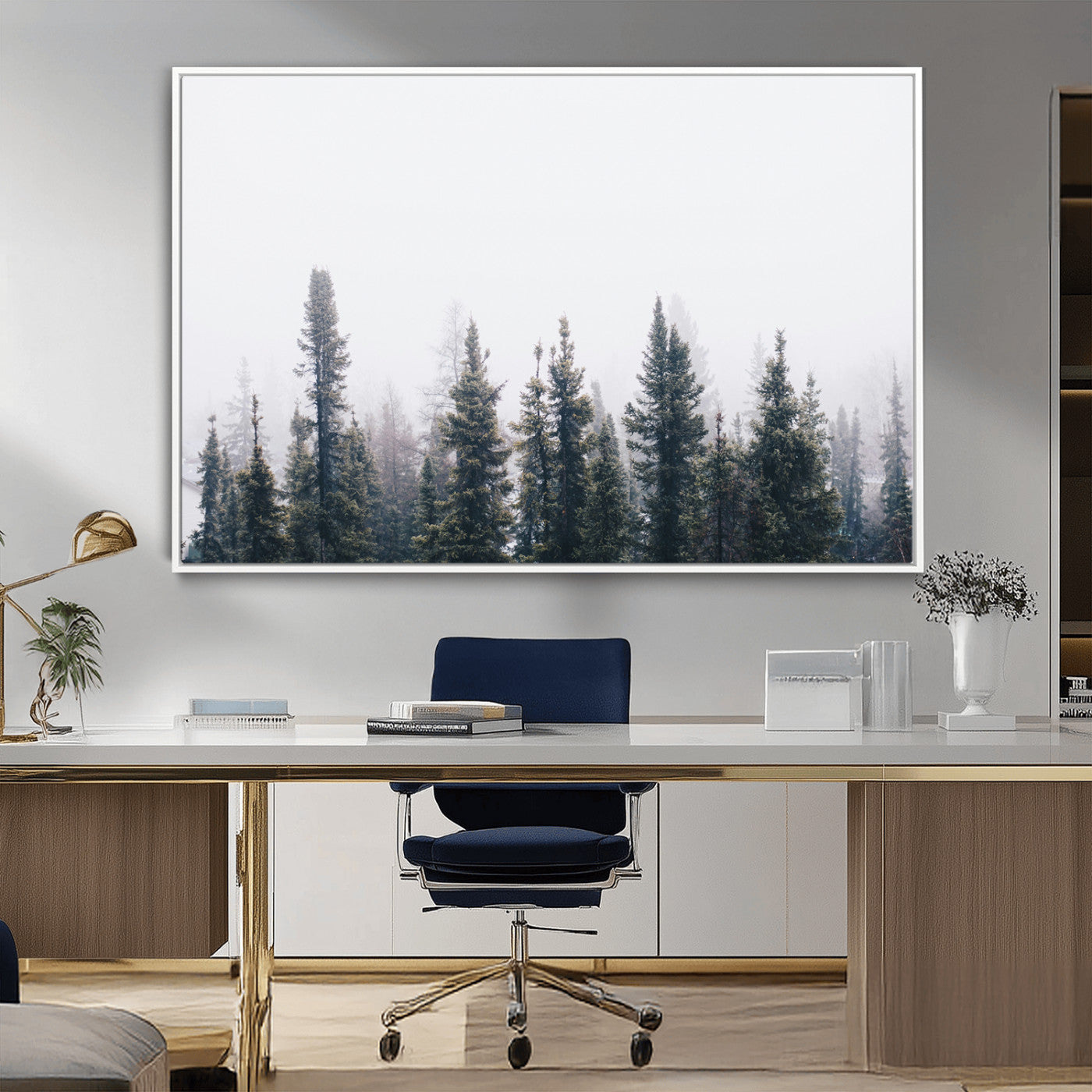 -Foggy Forest Wall Art Canvas Print – Framed Misty Pines Moody Woodland Nature Scene Artwork for Home Office