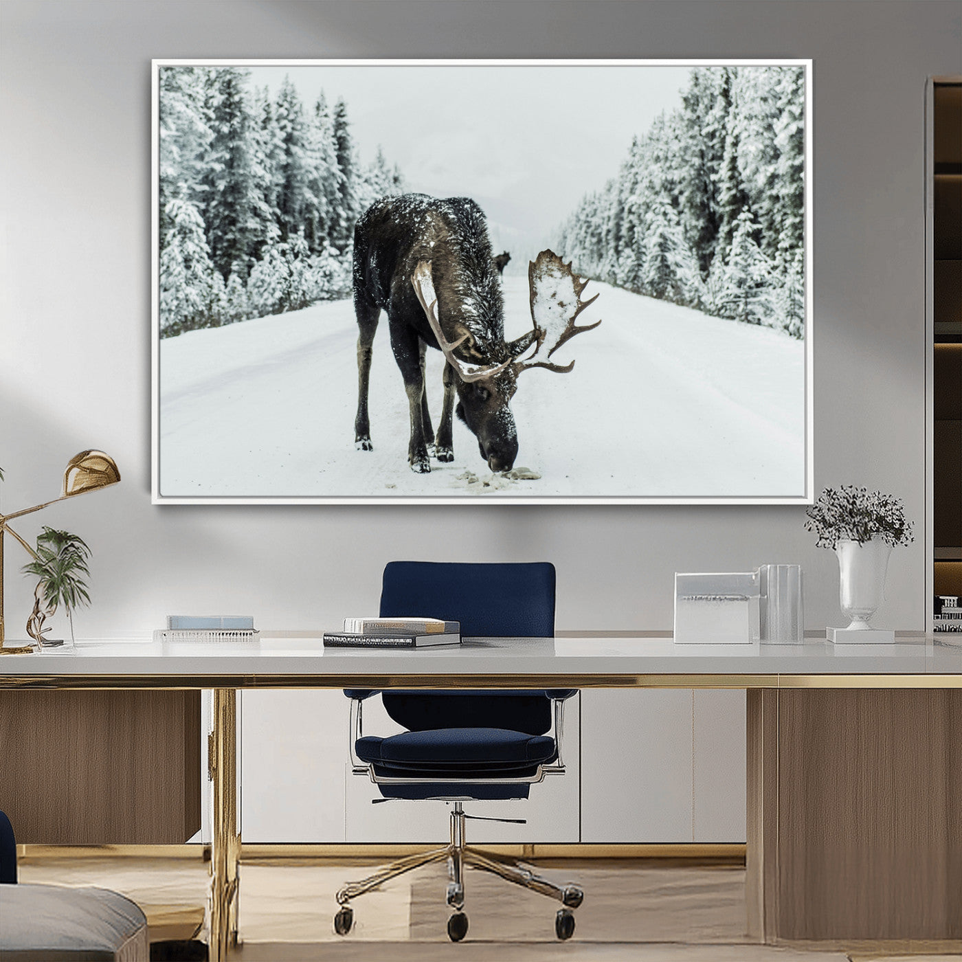 -Moose Snow Wall Art Canvas Print – Framed Winter Wildlife Snowy Forest Nature Scene Artwork for Home, Office, Living Room