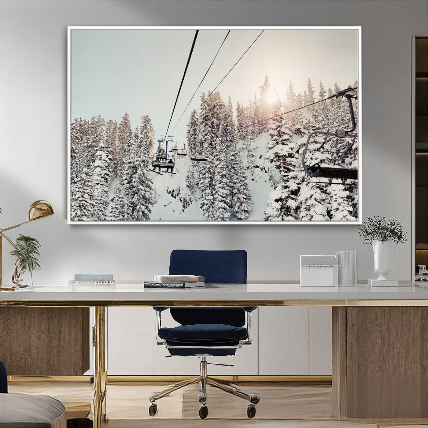91534512-MGV-CV-36X24-Frosty Pines Wall Art Canvas Print – Framed Cozy Cabin Ski Lift Ride Winter Scene Artwork for Home Office