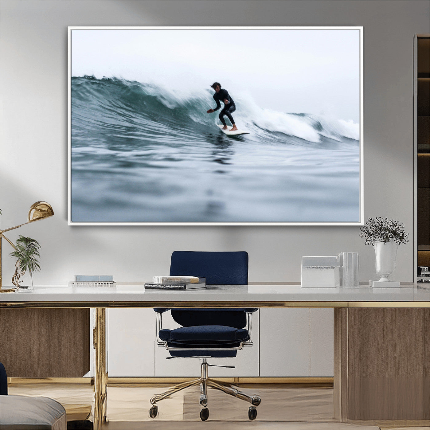 11693607-MGV-CV-36X24-Surfer on Wave Wall Art Canvas Print – Framed Ocean Adventure Motion Blur Water Coastal Action Artwork for Home, Office