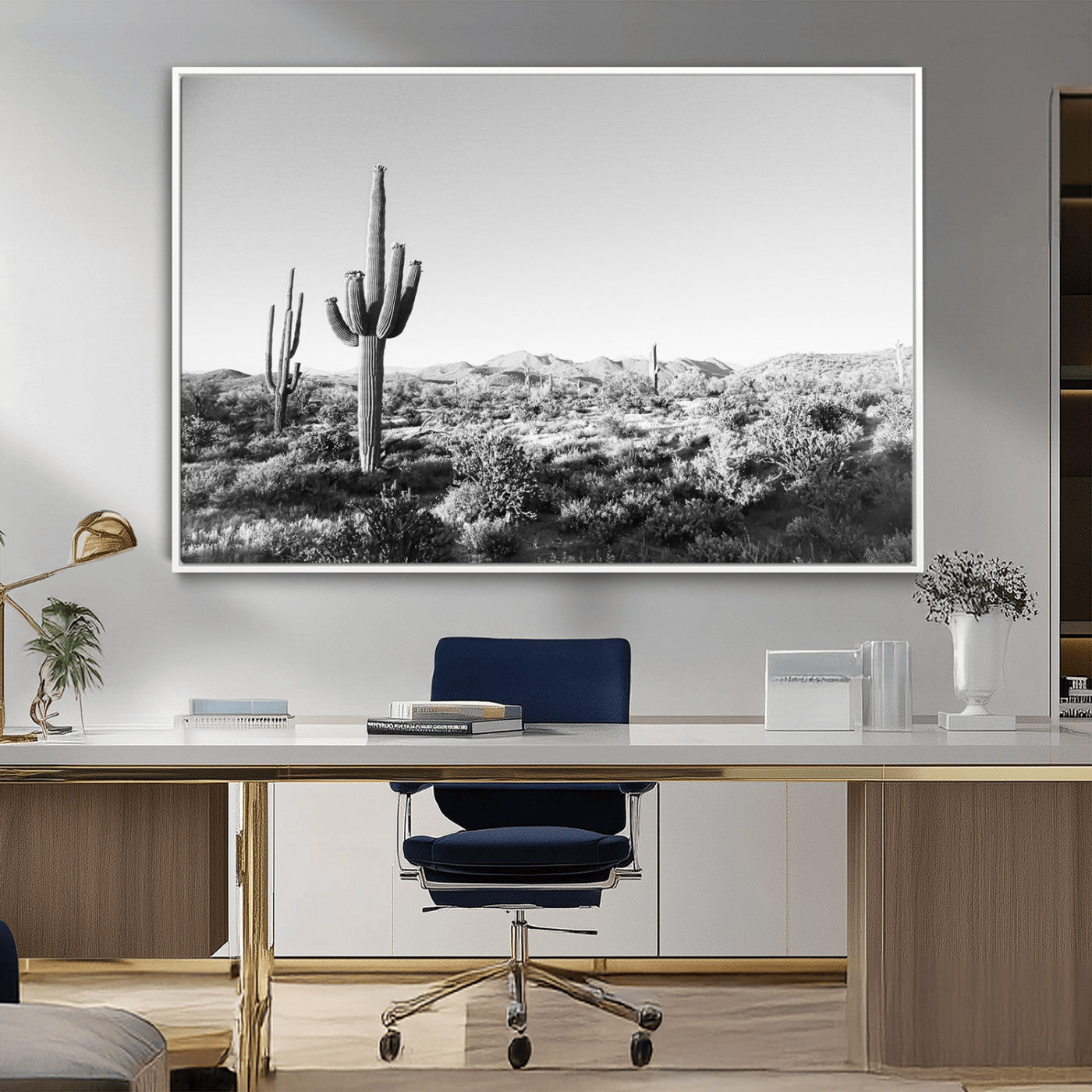85205054-MGV-CV-36X24-Saguaro Cactus Wall Art Canvas Print – Framed Monochrome Landscape Scenic Arizona Minimalist Western Artwork for Home, Office