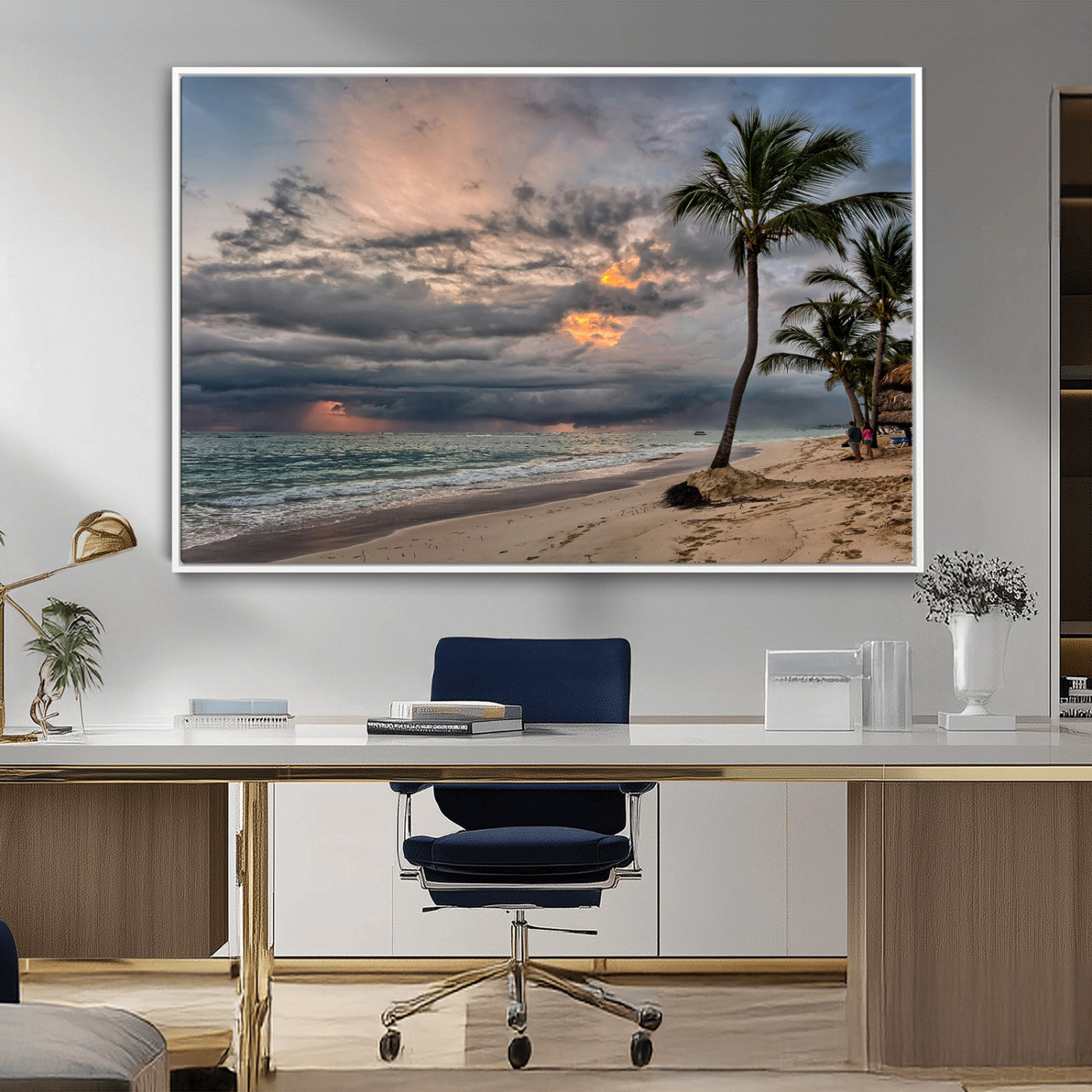 62574547-MGV-CV-36X24-Tropical Storm Wall Art Canvas Print – Framed Moody Beach Dramatic Sky Tropical Coastal Landscape Artwork for Home, Office