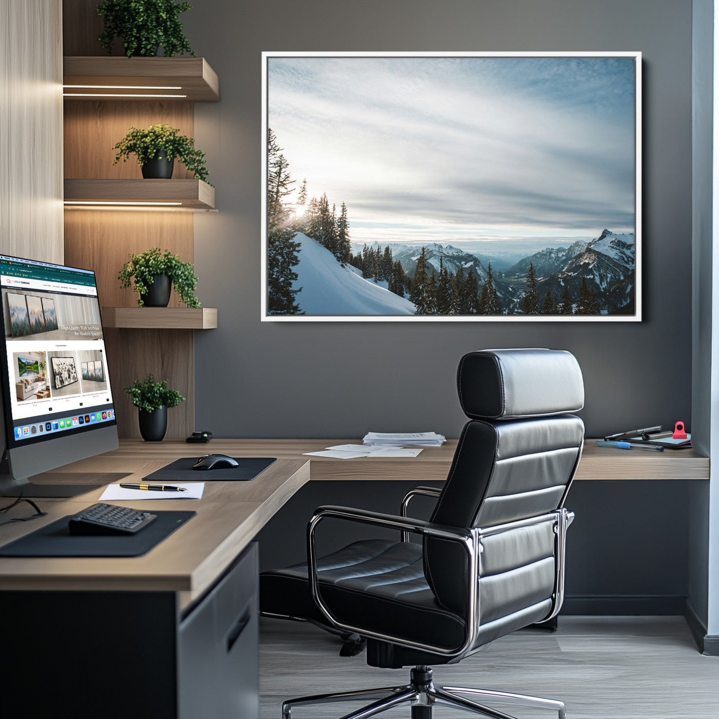 55564749-MGV-CV-36X24-Snowy Mountain Wall Art Canvas Print – Frosty Peaks Alpine Landscape Winter Sky Nature Photography Artwork for Home Office