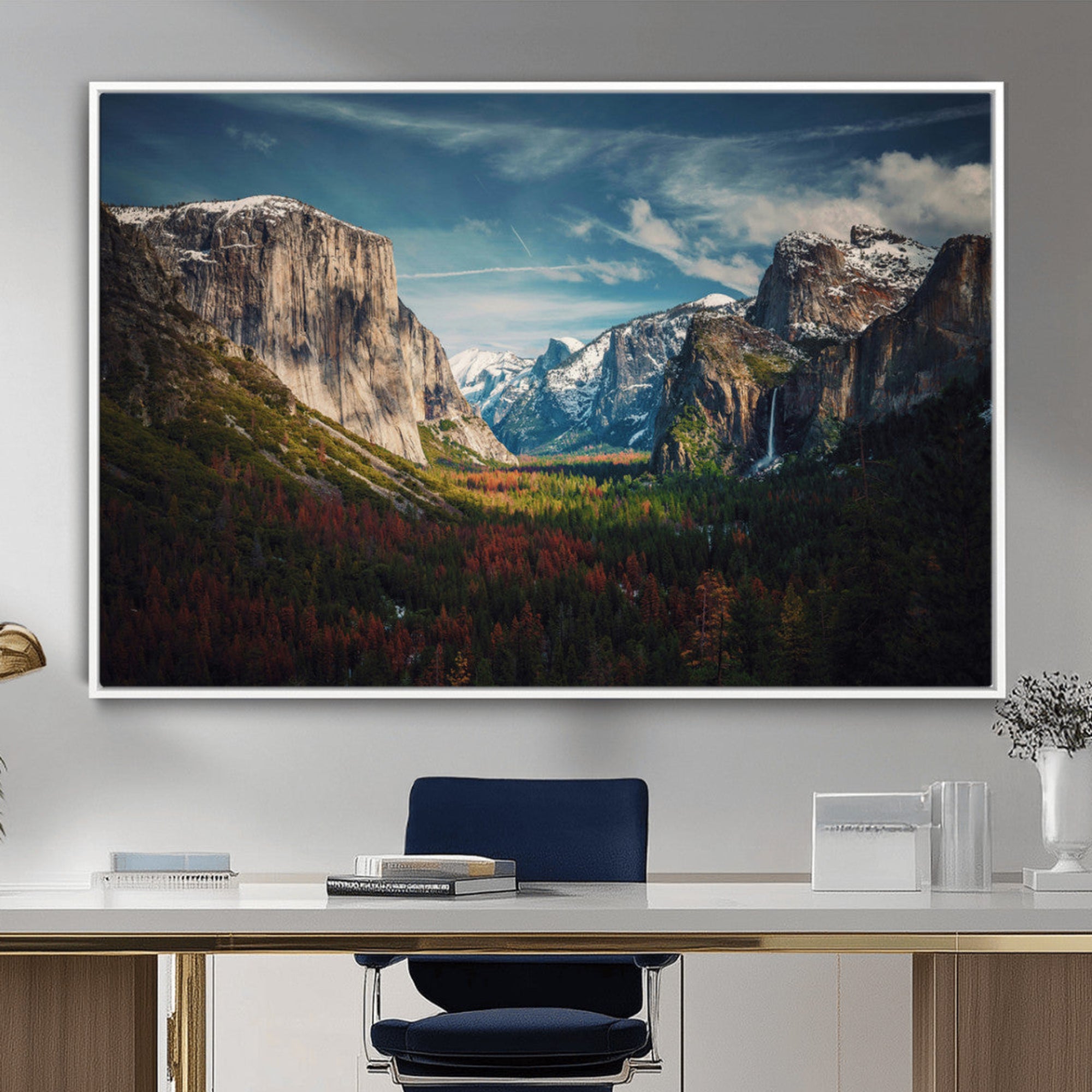 Framed canvas print of Yosemite National Park, featuring El Capitan and a scenic waterfall, ideal for rustic farmhouse or adventure-themed home decor.