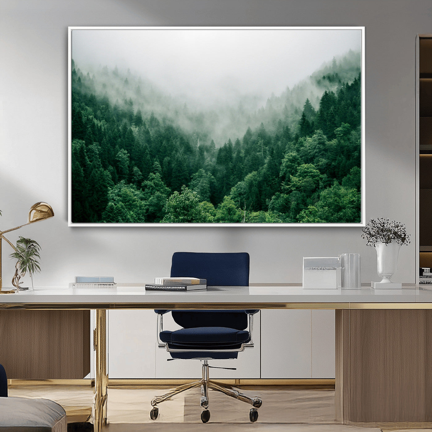 45265379-MGV-CV-36X24-Misty Green Forest Canvas Print – Framed Serene Foggy Pine Landscape Tranquil Nature Wall Art for Home, Office