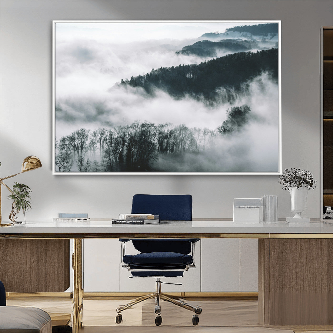 67569654-MGV-CV-36X24-Foggy Forest Landscape Wall Art Canvas Print – Misty Mountain Valley Scene Monochrome Tones Nature Artwork for Home Office