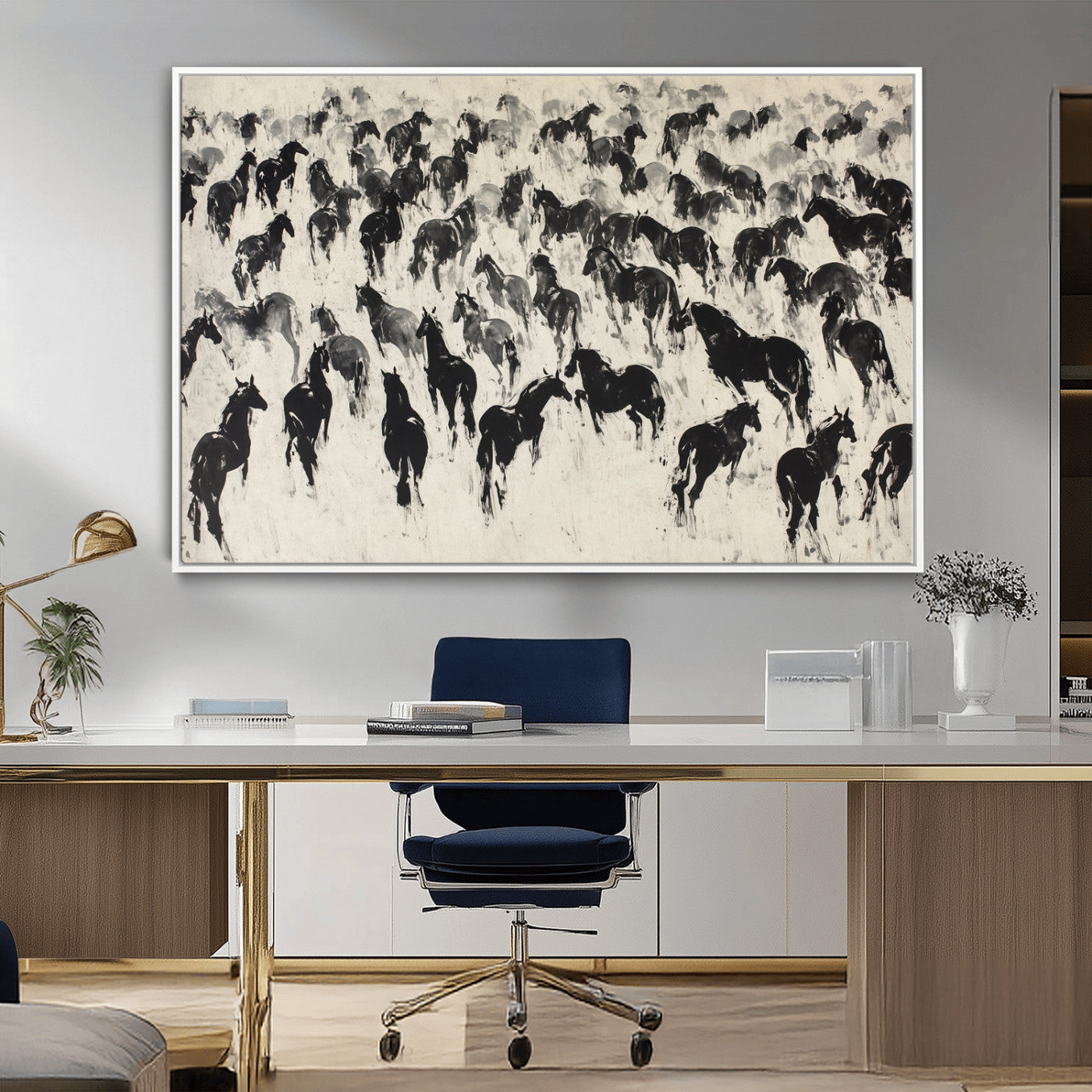 -Wild Horse Stampede Wall Art Canvas Print – Monochrome Running Horses Dynamic Motion Elegant Scene Artwork for Home, Office