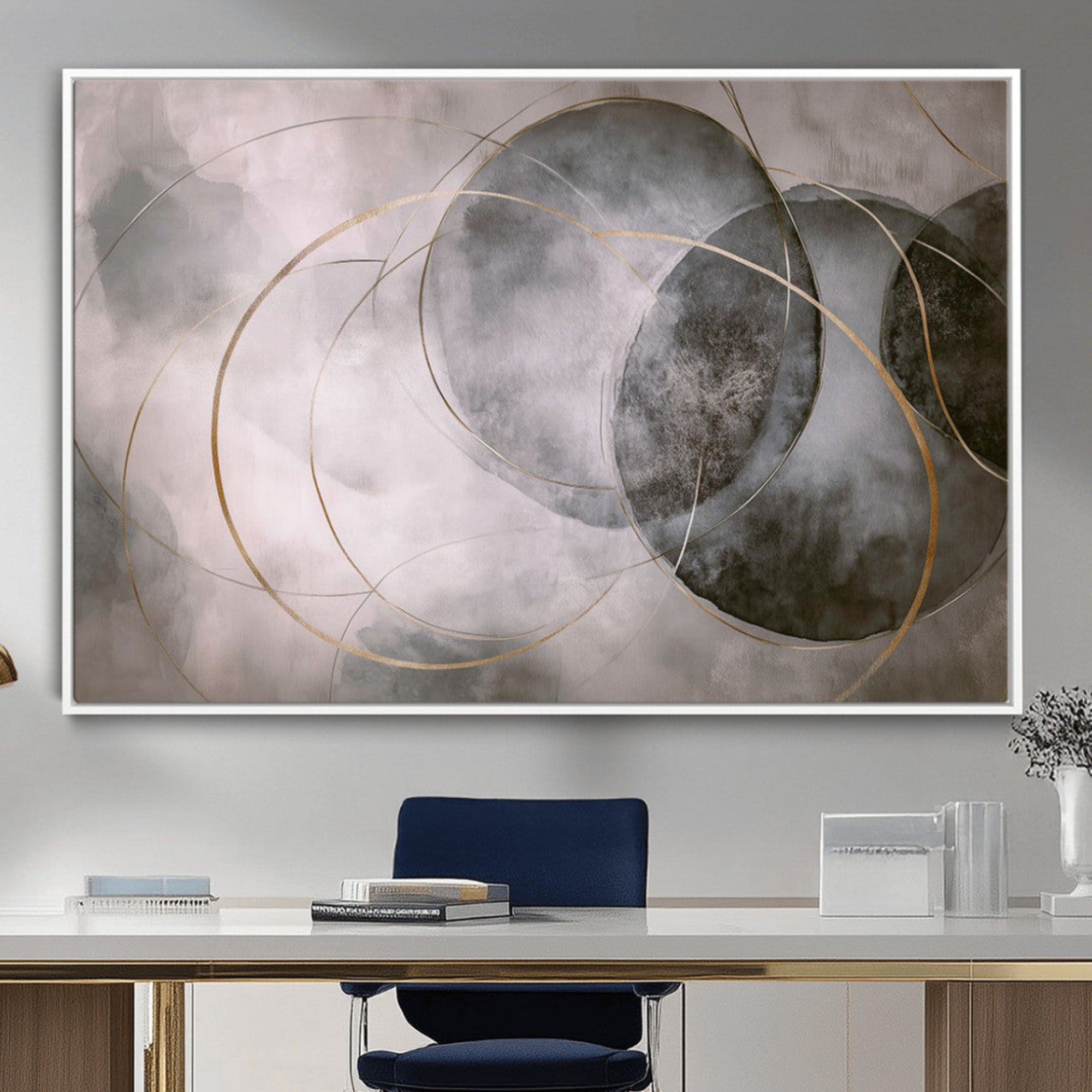 20066876-MGV-CV-36X24-Abstract Grey Gold Circle Wall Art – Modern Geometric Canvas Artwork, Minimal Elegant Design, Luxury Wall Decor for Home, Office