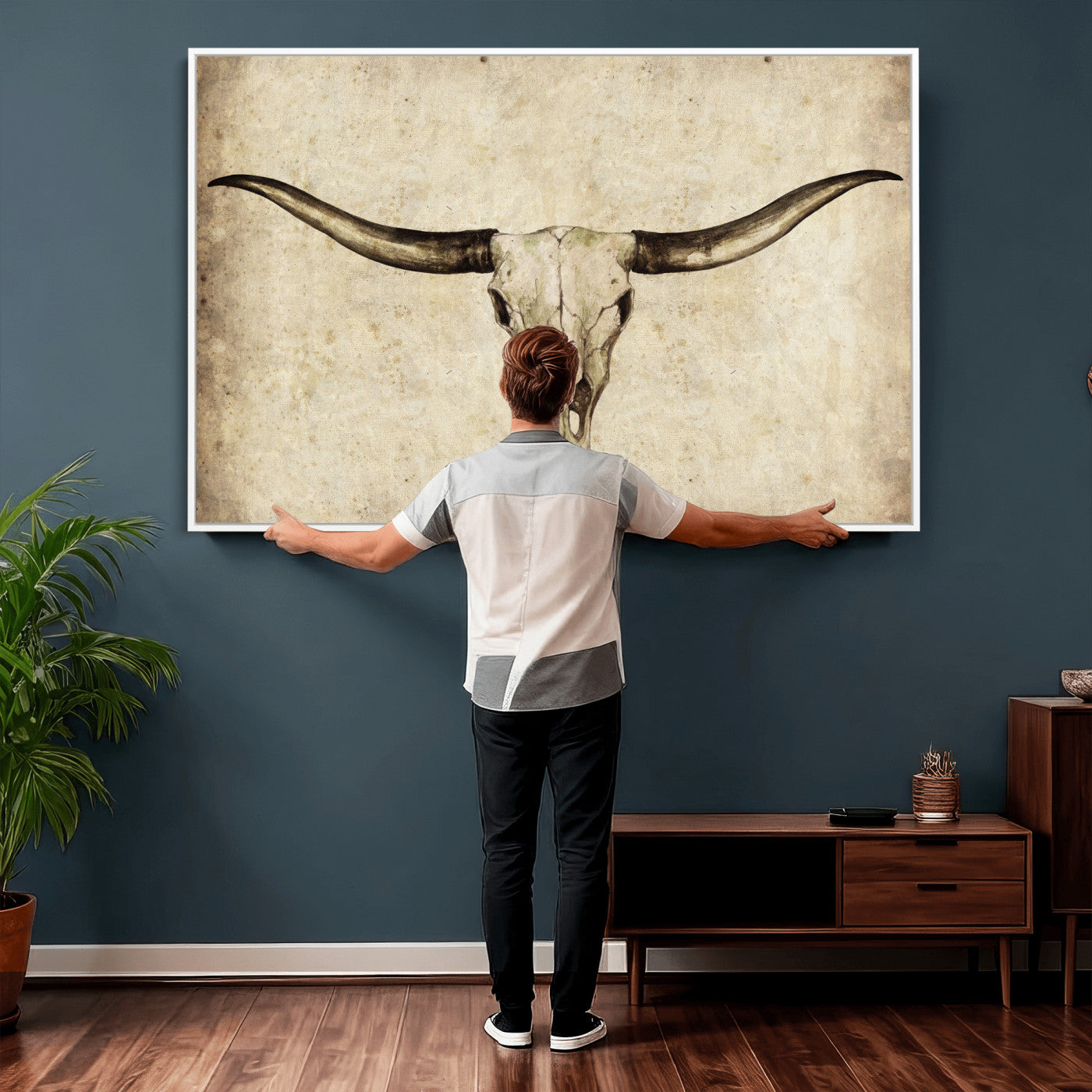 42788678-MGV-CV-36X24 - Longhorn Skull Wall Art Canvas Print – Rustic Western Artwork Print for Living Room Wall Decor