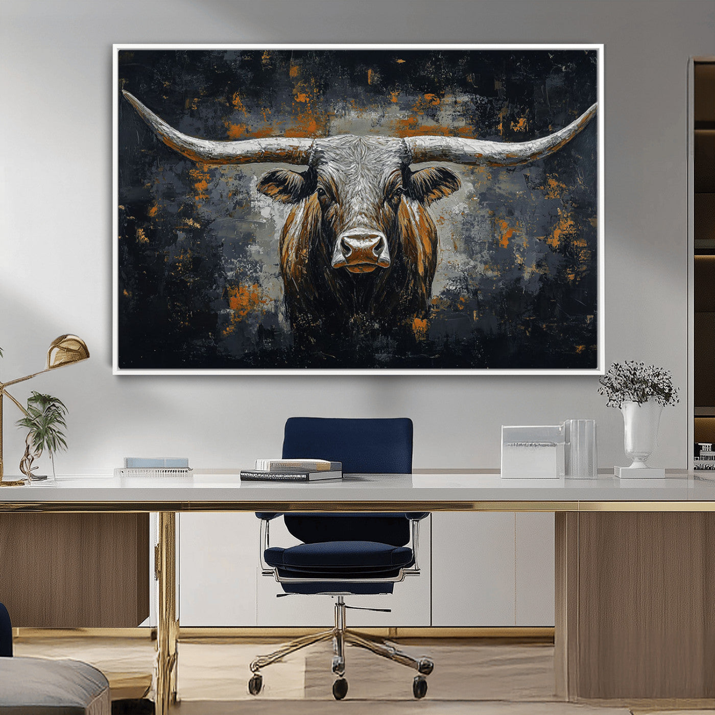 93195031-MGV-CV-36X24-Rustic Longhorn Bull Wall Art Canvas Print – Vintage Western Cattle Scene, Texas Steer Artwork for Home, Office
