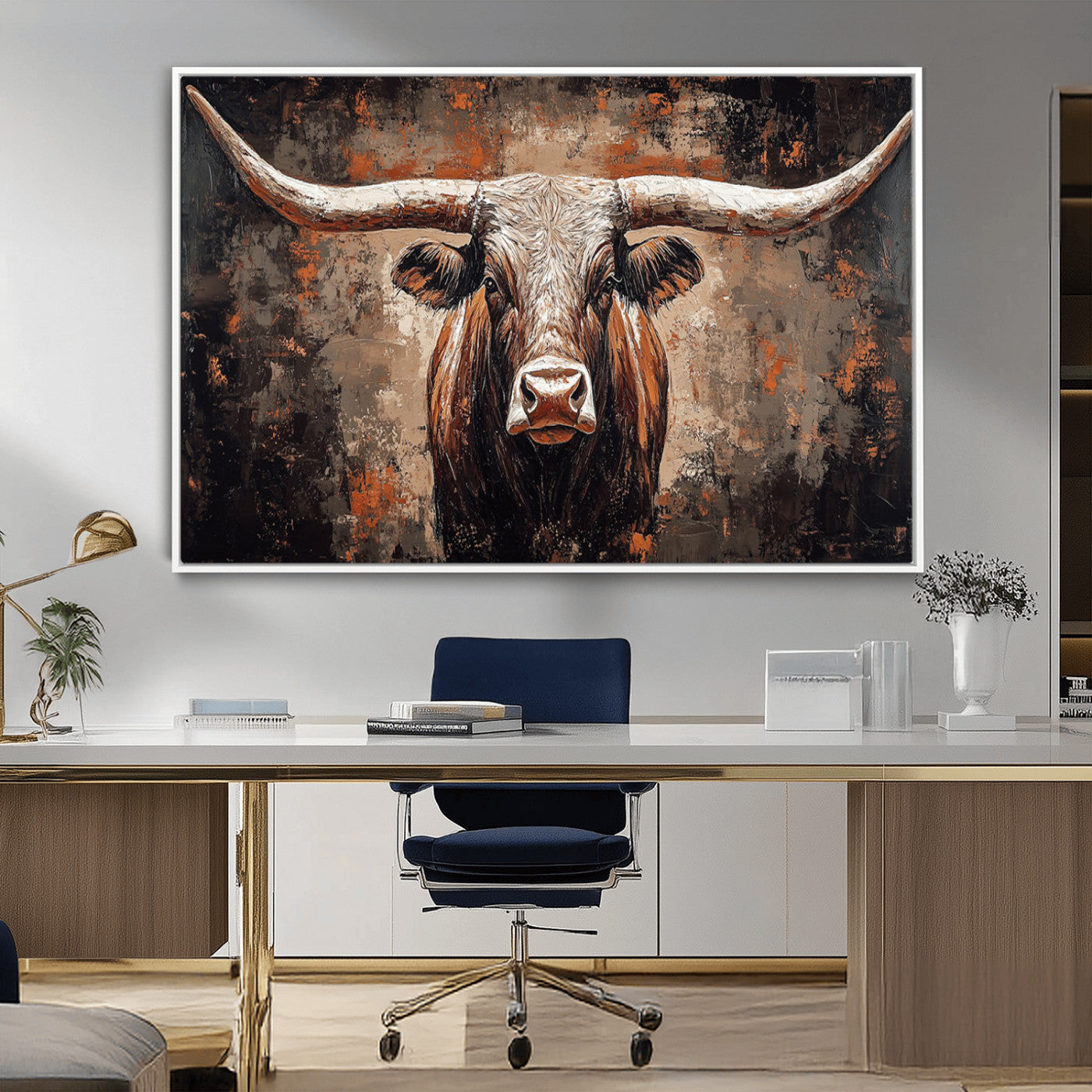 42732393-MGV-CV-36X24-Rustic Longhorn Bull Wall Art Canvas Print – Vintage Western Cattle Scene, Texas Steer Artwork for Home, Office
