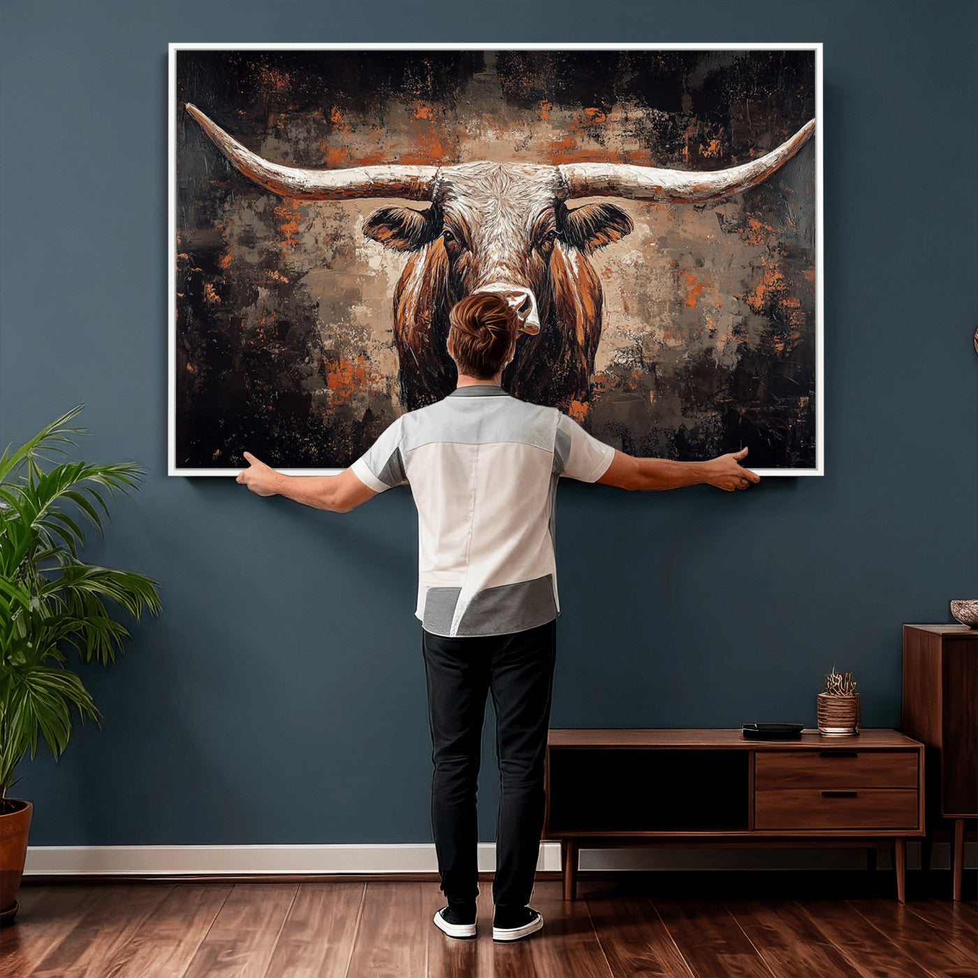 24779067-MGV-CV-36X24 - Rustic Longhorn Bull Wall Art Canvas Print – Vintage Western Cattle Painting, Texas Steer Artwork