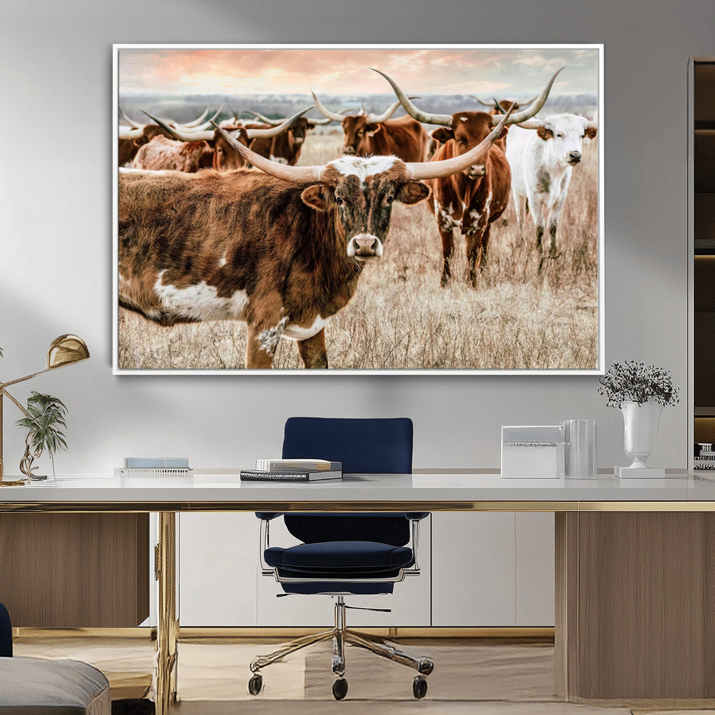 -Texas Longhorn Cattle Wall Art Canvas Print – Rustic Western Ranch Scene with Steers Sunset for Home, Office