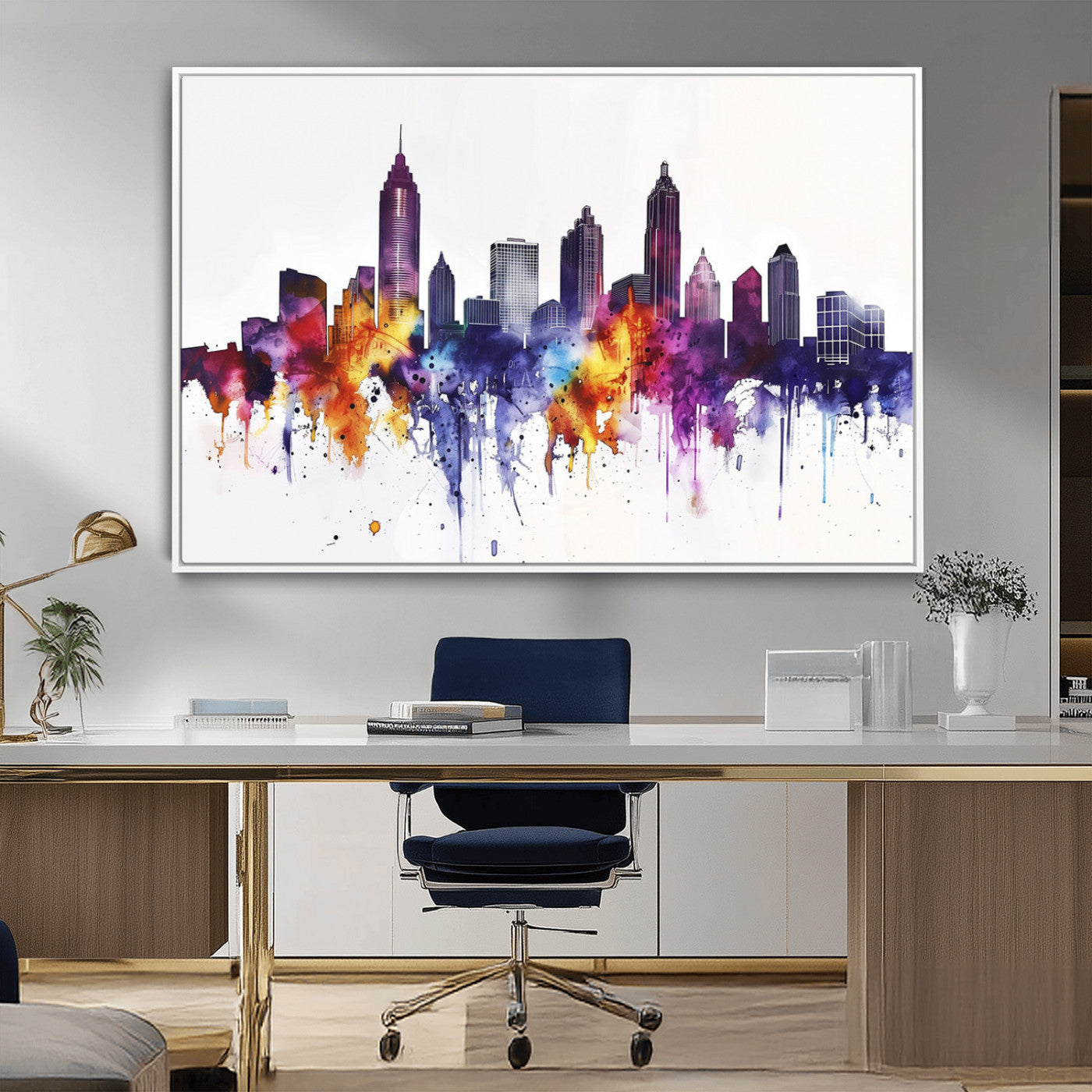 34479880-MGV-FC-36X24_White-Atlanta Skyline Wall Art Canvas Print – Framed Colorful Watercolor Cityscape Artwork for Home, Office, Living Room