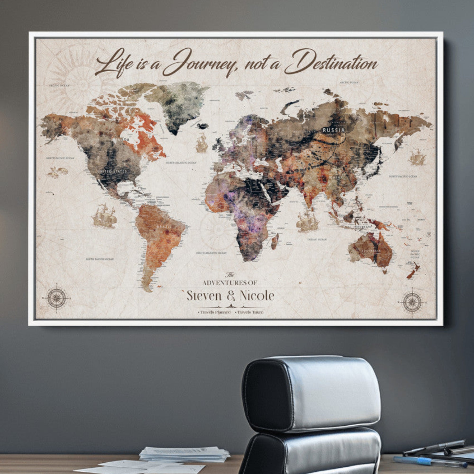 -Personalized Push Pin World Map Canvas – Custom Framed Travel Tracker Wall Art, Large Adventure Map with Pins for Home, Office