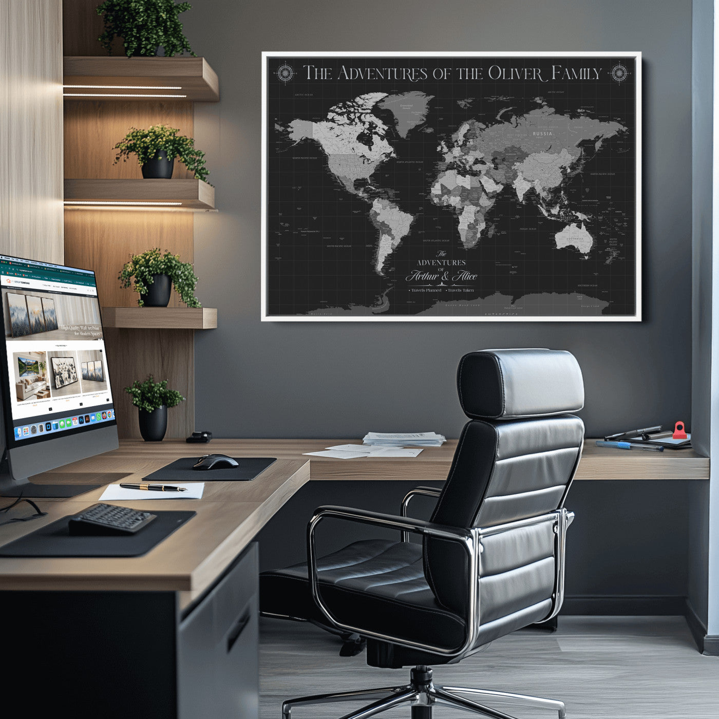 -Personalized Family World Map Canvas – Custom Framed Push Pin Travel Tracker, Modern Adventure Wall Art for Home, Office