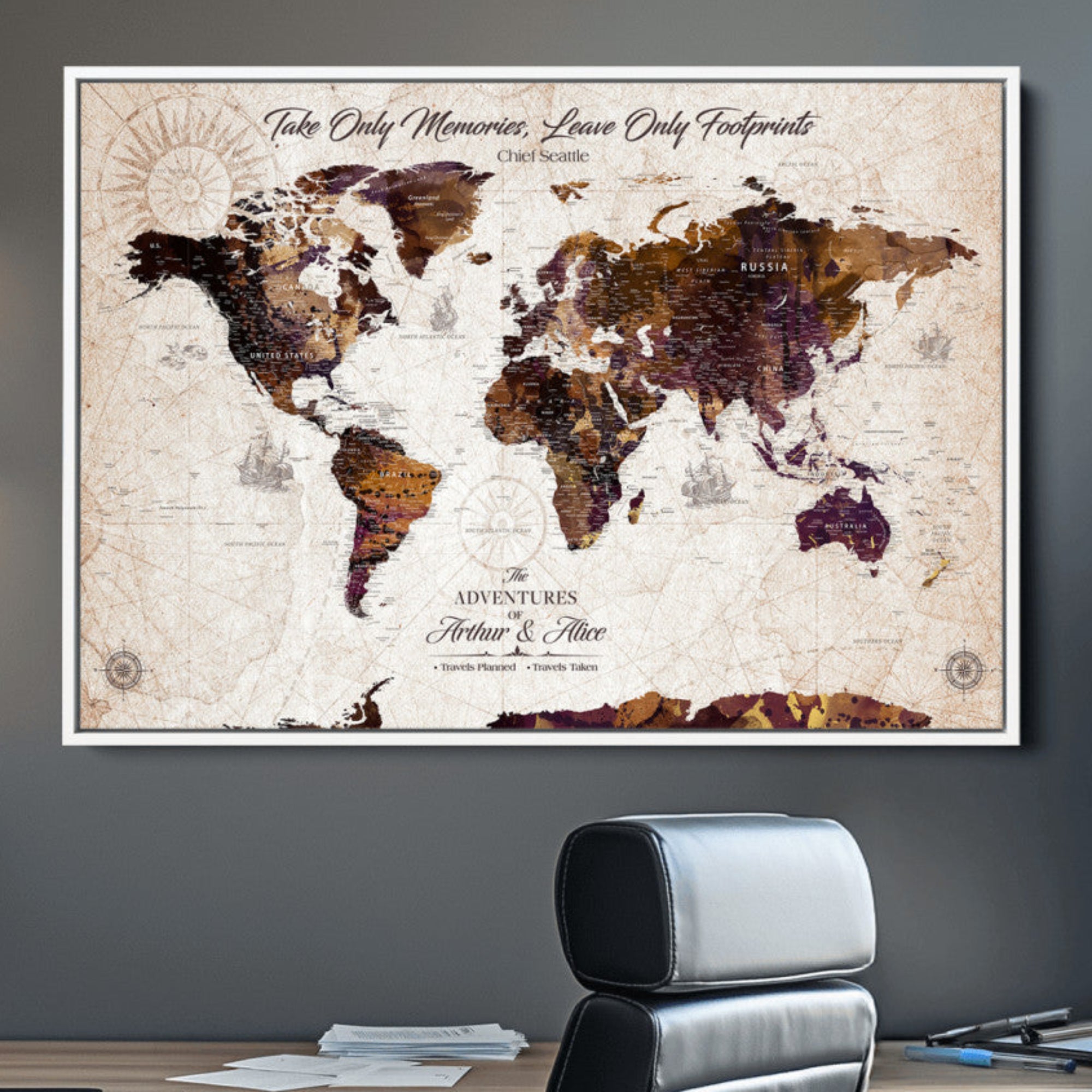 -Personalized World Map Canvas – Custom Framed Push Pin Travel Tracker, Elegant Wall Art Gift for Couples for Home, Office