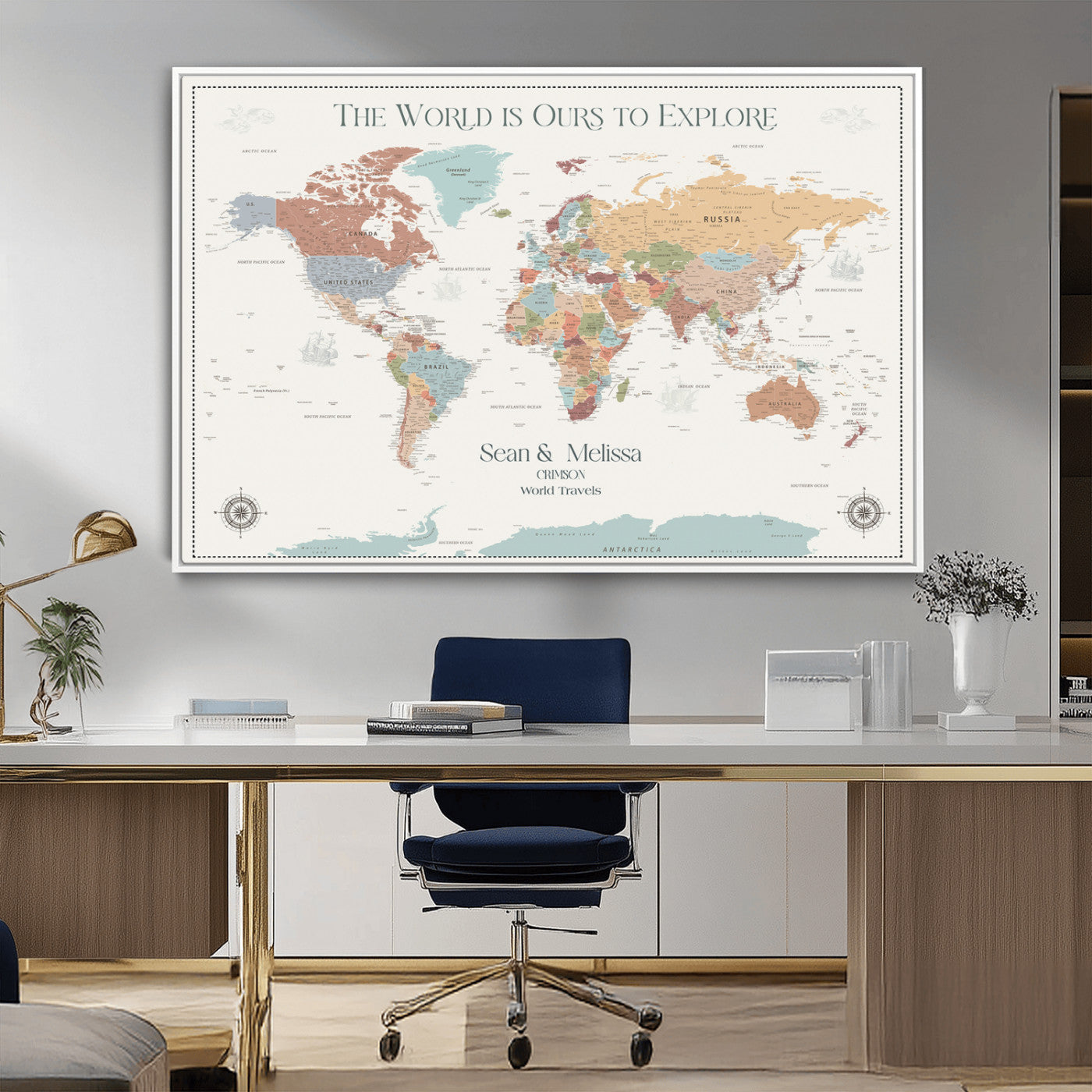 Rehber01-MGV-CV-36X24-Custom Push Pin World Map Wall Art Canvas Print – Personalized Travel Tracker with Pins Framed Large for home, office
