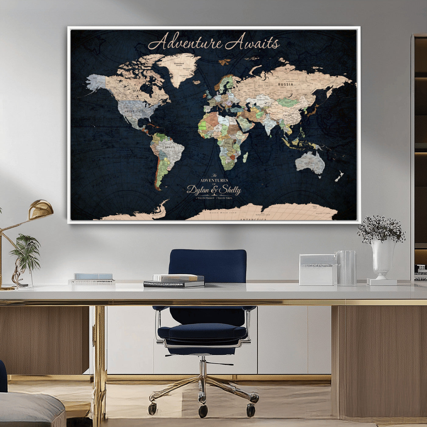 Rehber01-MGV-CV-36X24-Personalized World Map Canvas Print – Framed Push Pin Travel Wall Art for Couples – Adventure & Anniversary Gift