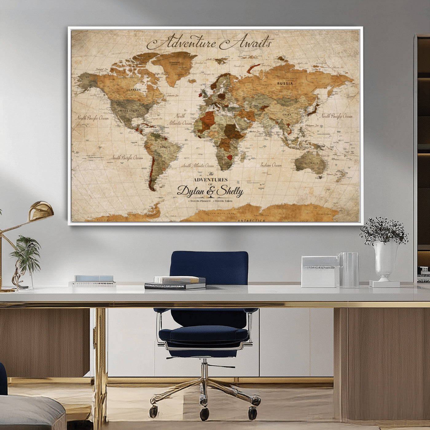 -Personalized Push Pin World Map Canvas Print – Custom Adventure Travel Map, Framed Wall Art Gift for Couples or Family