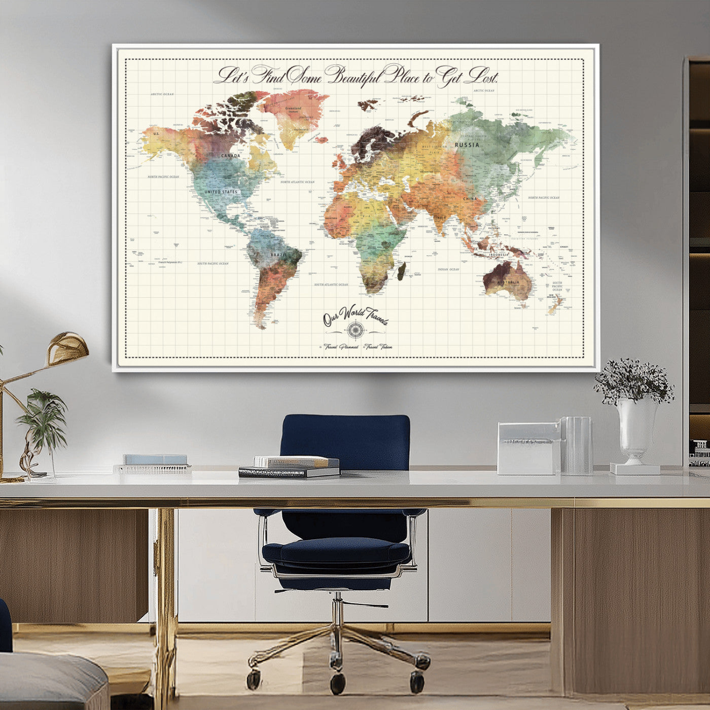 -Personalized Push Pin World Map Canvas Print – Custom Adventure Travel Tracker Map, Framed Wall Art Gift for Couples or Family