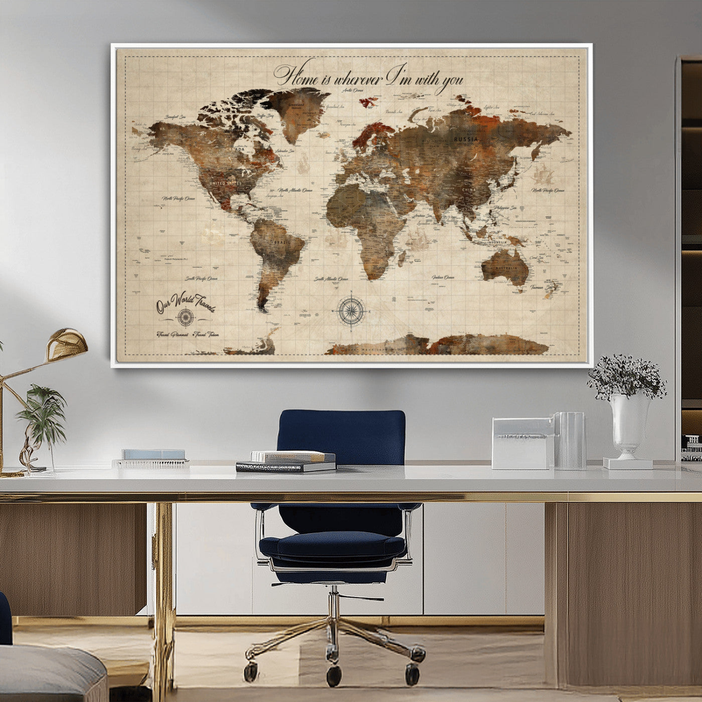 Rehber01-MGV-CV-36X24-Personalized World Map Canvas Wall Art – Custom Framed Push Pin Travel Tracker Print, Unique Gift for Home or Office Decor