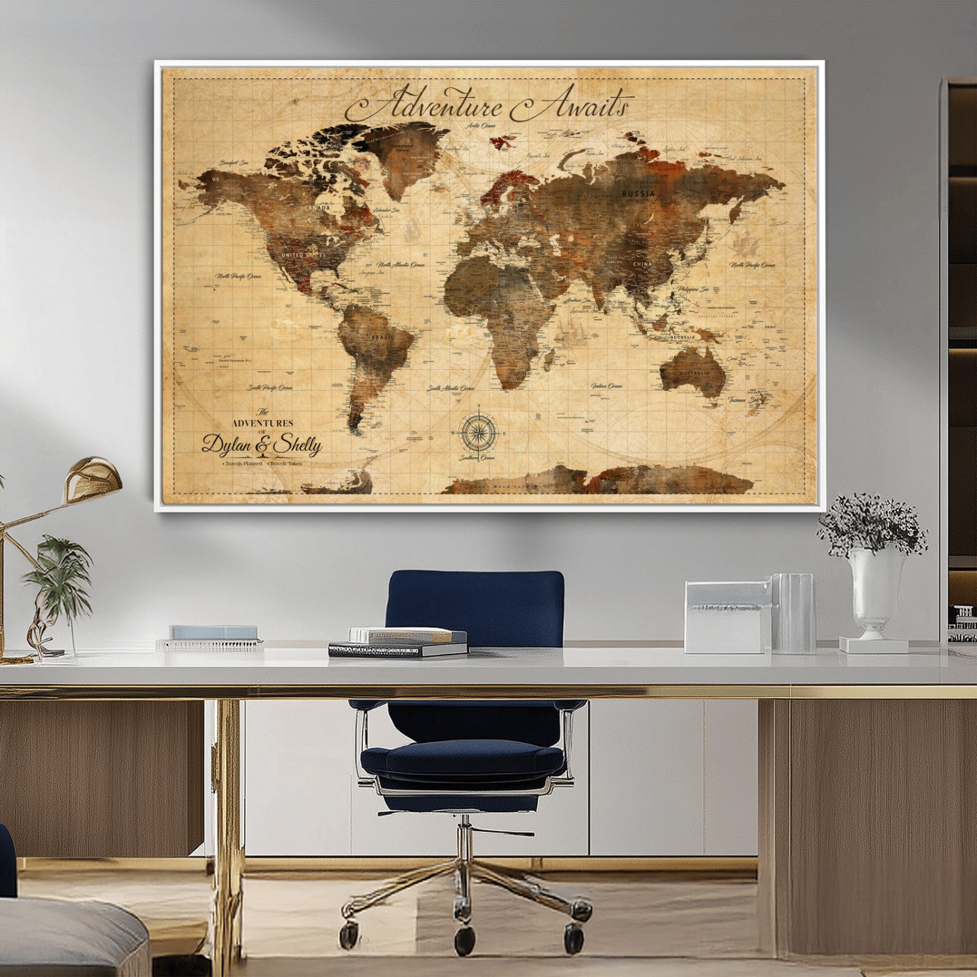 Rehber01-MGV-CV-36X24-Personalized World Map Canvas Wall Art – Custom Framed Push Pin Travel Tracker Print, Unique Gift for Home or Office Decor