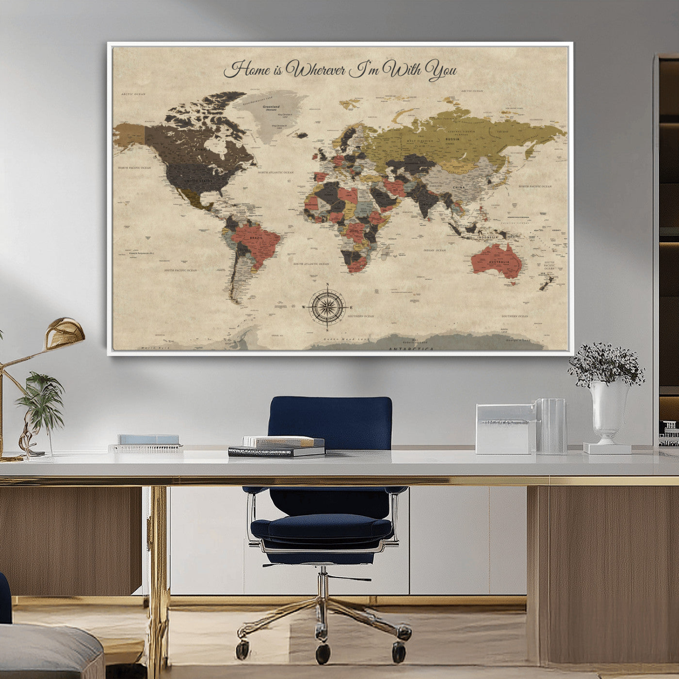 -Personalized World Map Wall Art Canvas Print – Customizable Push Pin Framed Travel Map Artwork for Home Office